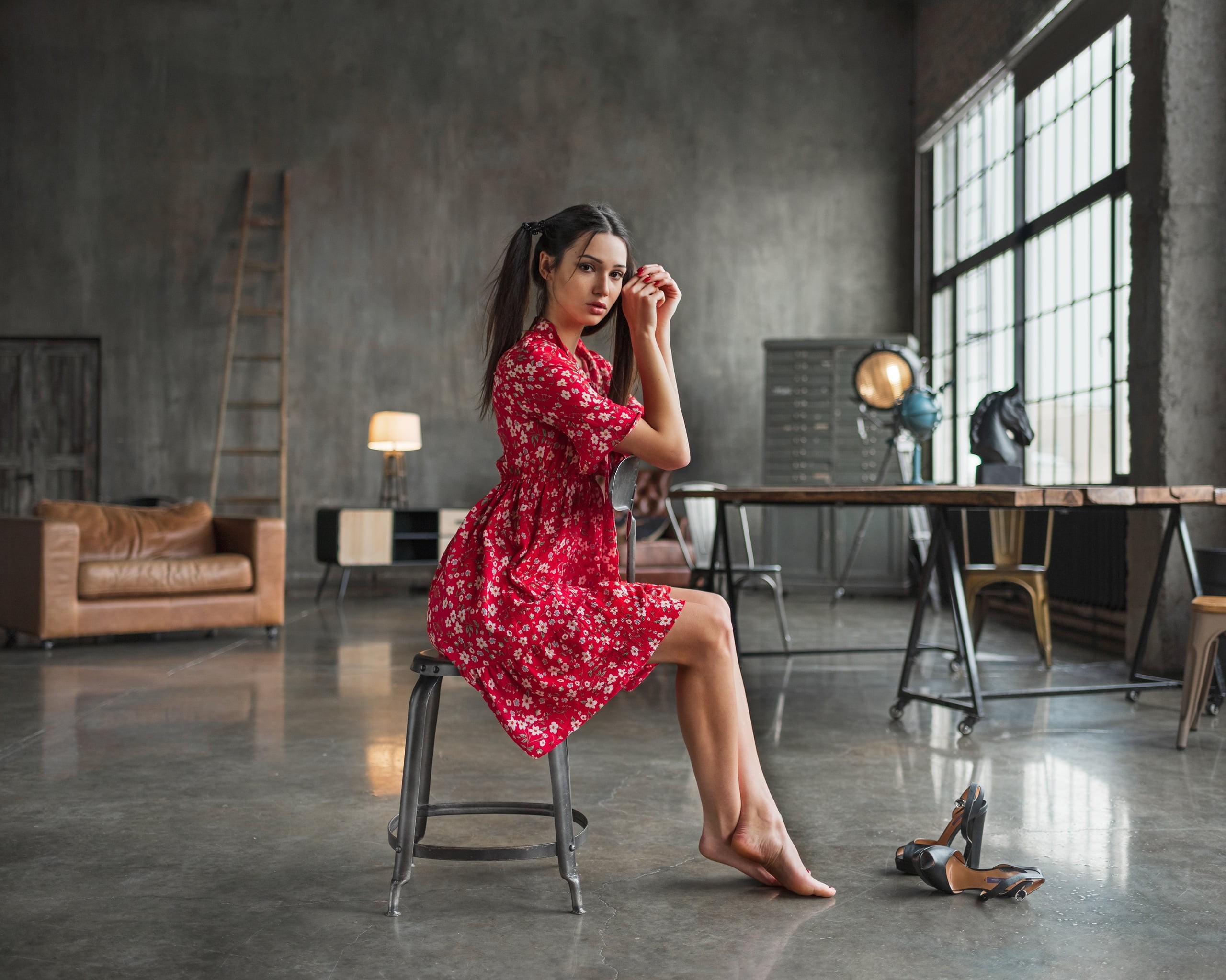 looking at viewer, model, red nails, painted nails, red dress, dress, brown eyes, women, indoors, pigtails, couch, side view, 2K, chair, depth of field, HD Wallpaper