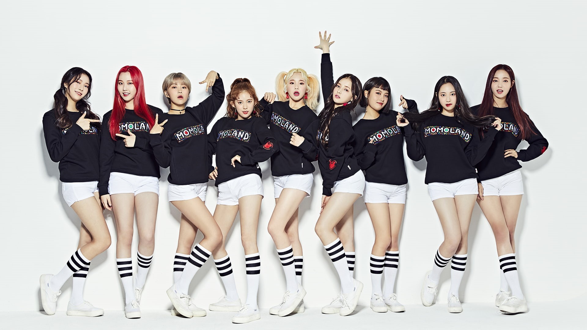 blonde, knee-highs, Asian, pigtails, redhead, brunette, K-pop, Momoland, Korean, 1080P, black hair, socks, HD Wallpaper