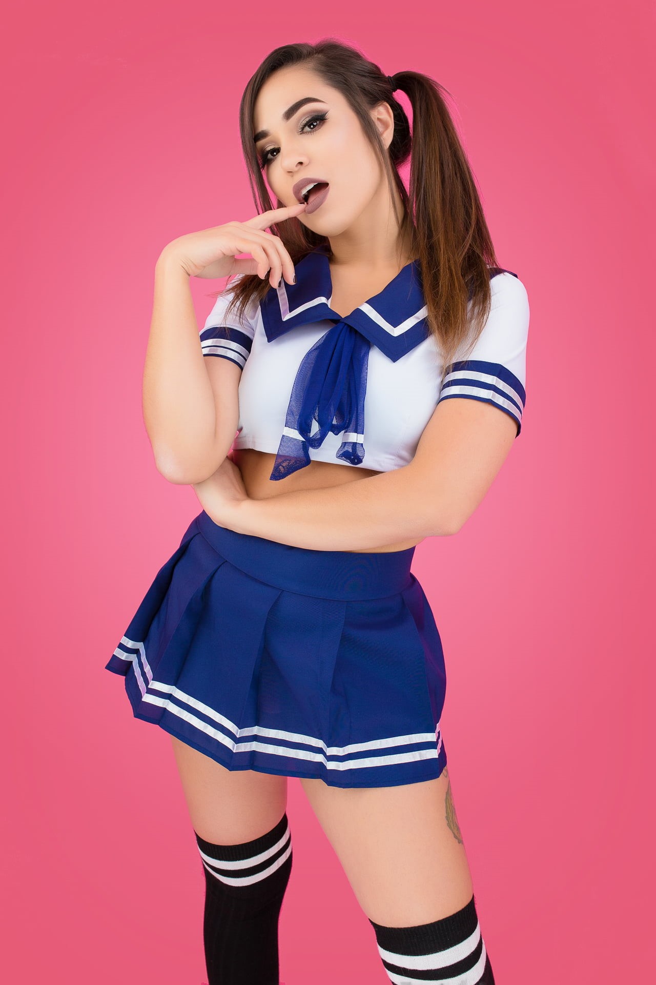 standing, miniskirt, schoolgirl uniform, studio shot, fashion model, beautiful people, hand, brunette, clothing, pigtails, women indoors, arms crossed, Phone HD Wallpaper