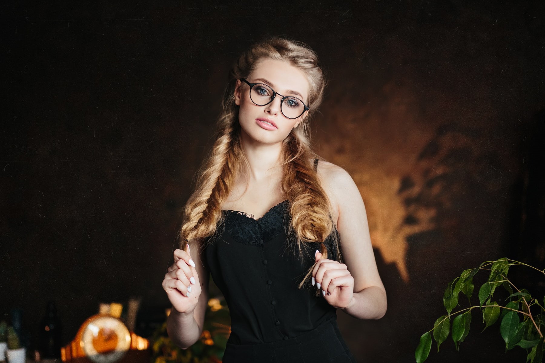 portrait, glasses, blonde, women, 720P, pigtails, HD Wallpaper