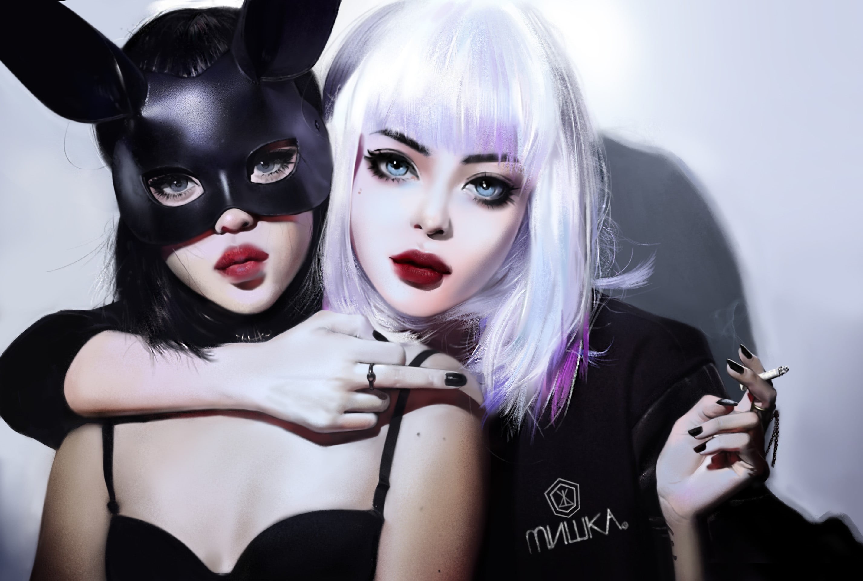 digital art, indoors, real people, make-up, hairstyle, witch, looking at camera, mask, front view, brunette, white hair, 2K, lipstick, artwork, beautiful woman, HD Wallpaper