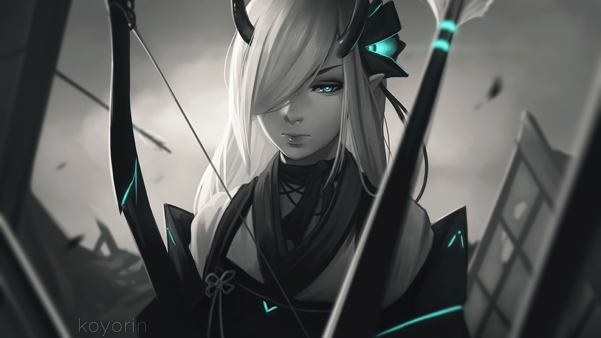 Koyorin, anime girls, blue eyes, 1080P, bow, white hair, horns, HD Wallpaper