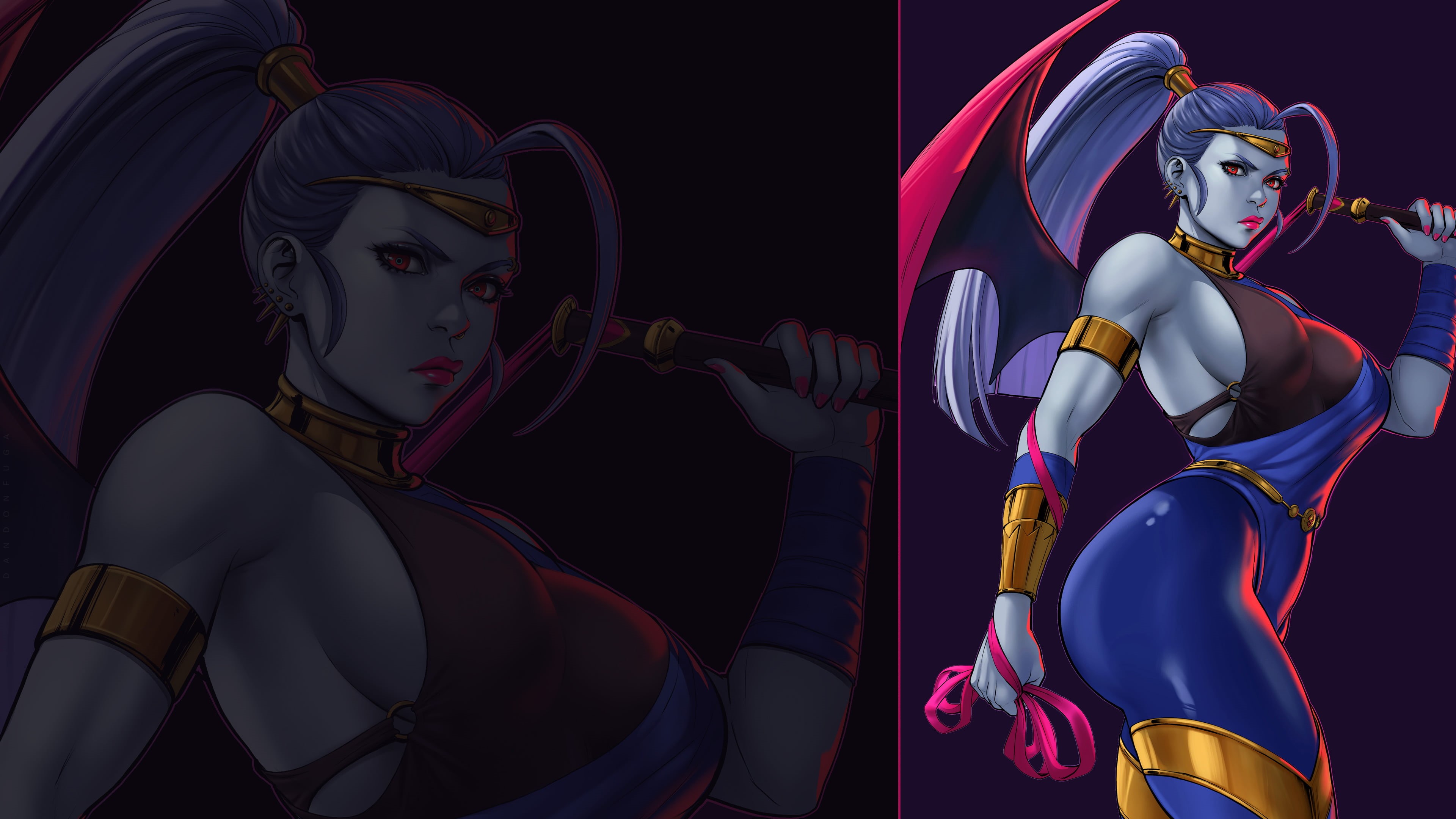 dandon fuga, 4K, wings, Hades (Game), purple hair, looking at viewer, Megaera (Hades), red eyes, HD Wallpaper