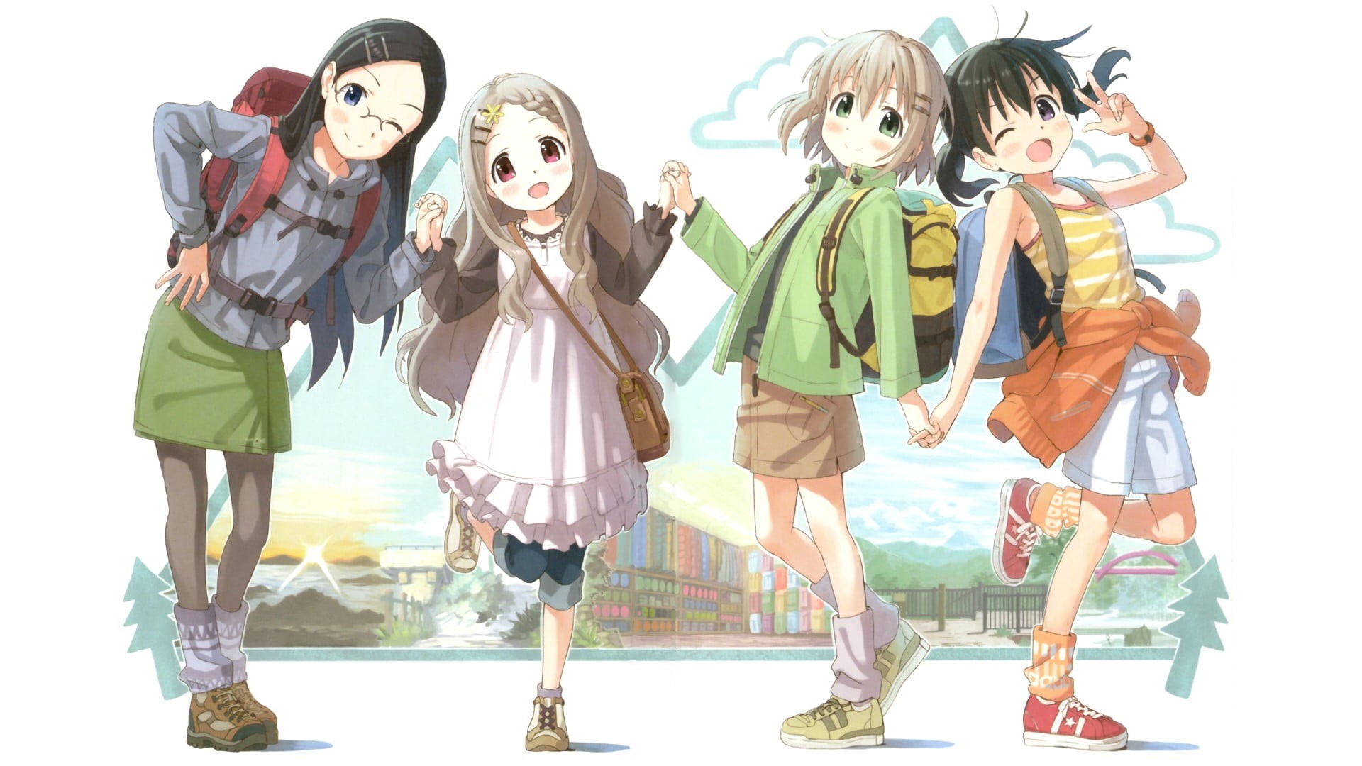 socks, child, Yama no Susume, open mouth, young women, smiling, emotion, leisure activity, long hair, girls, looking at camera, standing, pre-adolescent child, HD Wallpaper