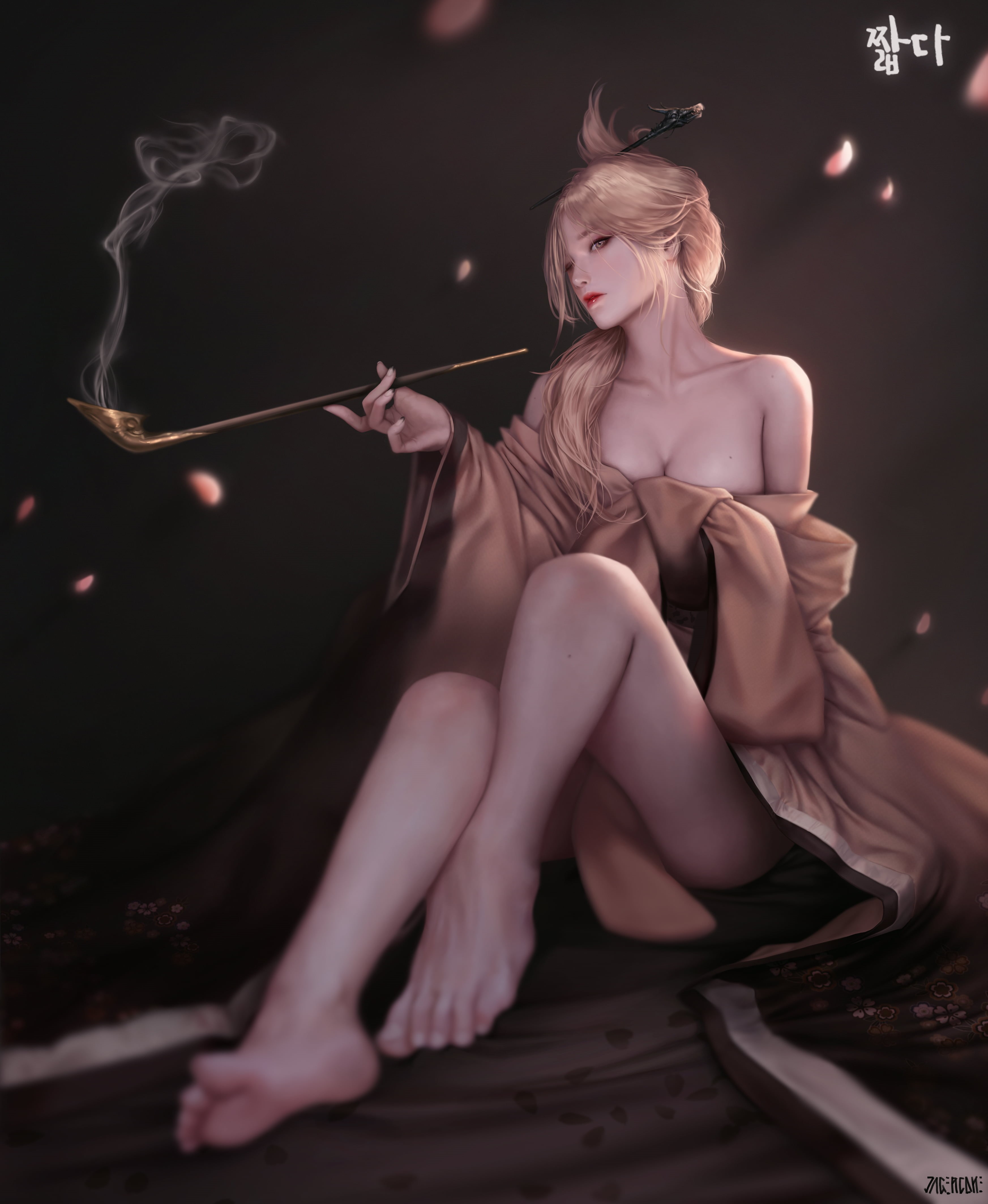 digital art, smoke, hair accessories, 4K, fantasy girl, Yong Jun Park, women, barefoot, drawing, bare shoulders, smoking pipe, kimono, sitting, long hair, Phone HD Wallpaper