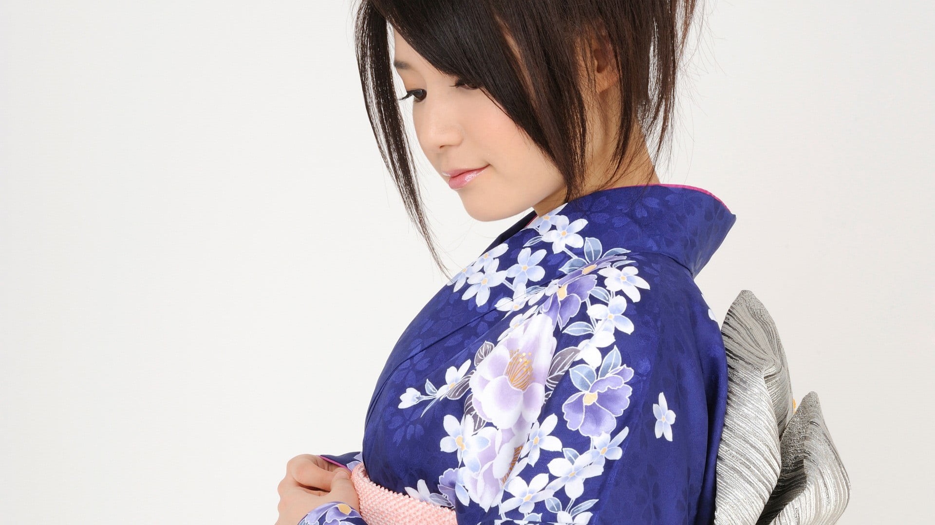 real people, long hair, one person, yukata, studio shot, s, white background, kimono, lifestyles, headshot, 1080P, hair, indoors, brunette, hairstyle, HD Wallpaper