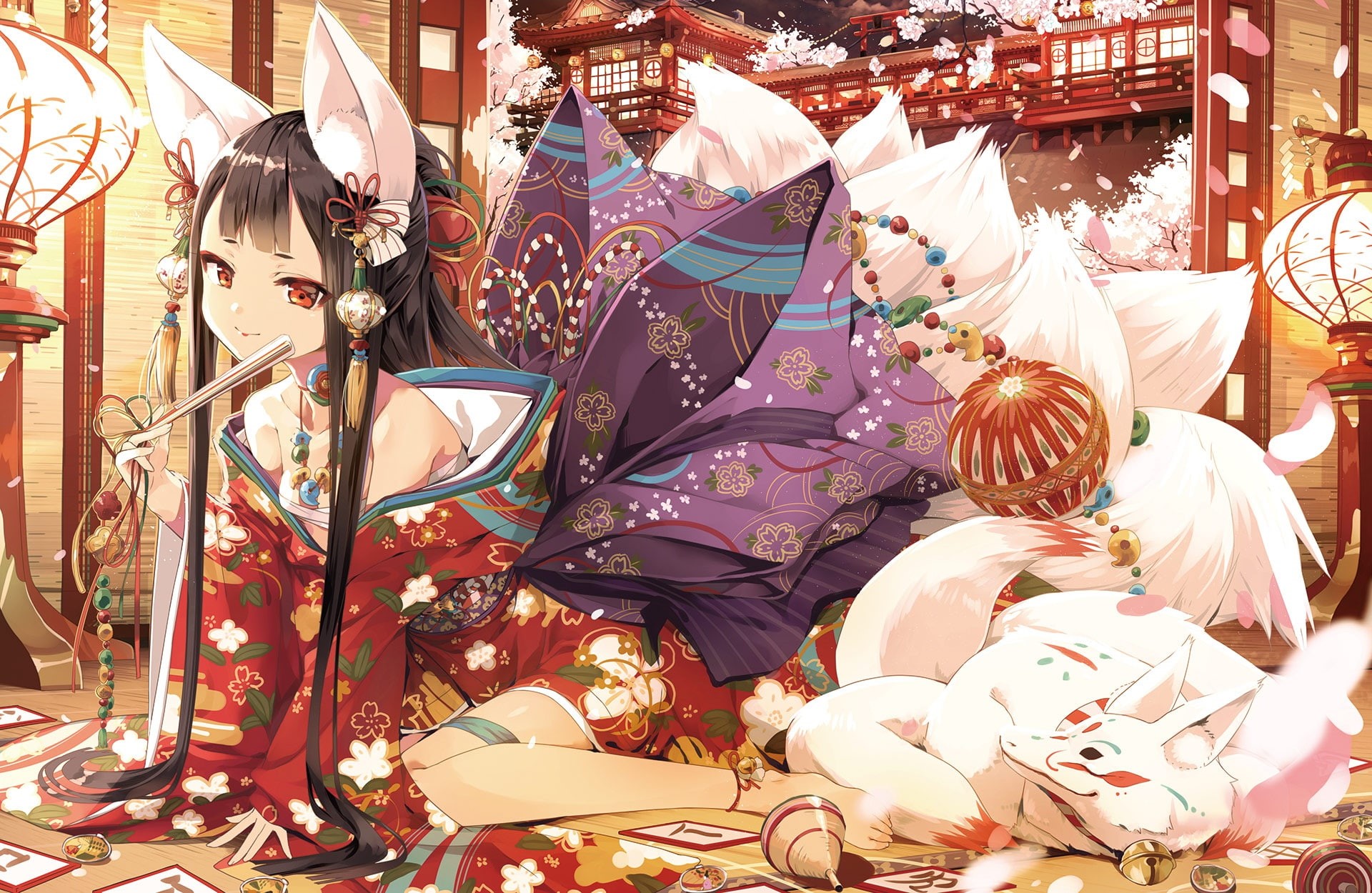youkai, anime, art, yukata, girl, 1080P, animal, HD Wallpaper