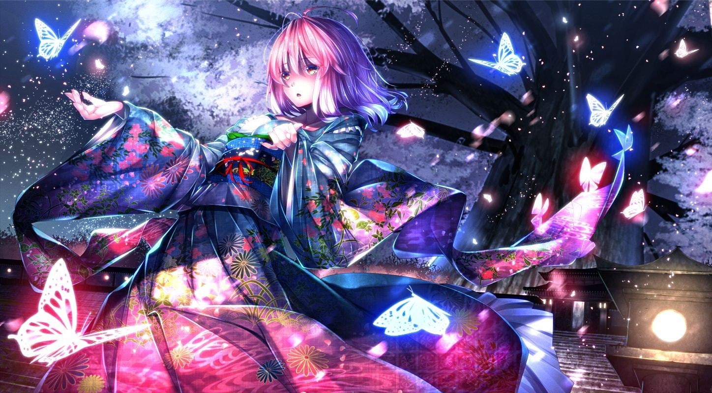 720P, anime, anime girls, butterfly, Saigyouji Yuyuko, yukata, Touhou, HD Wallpaper