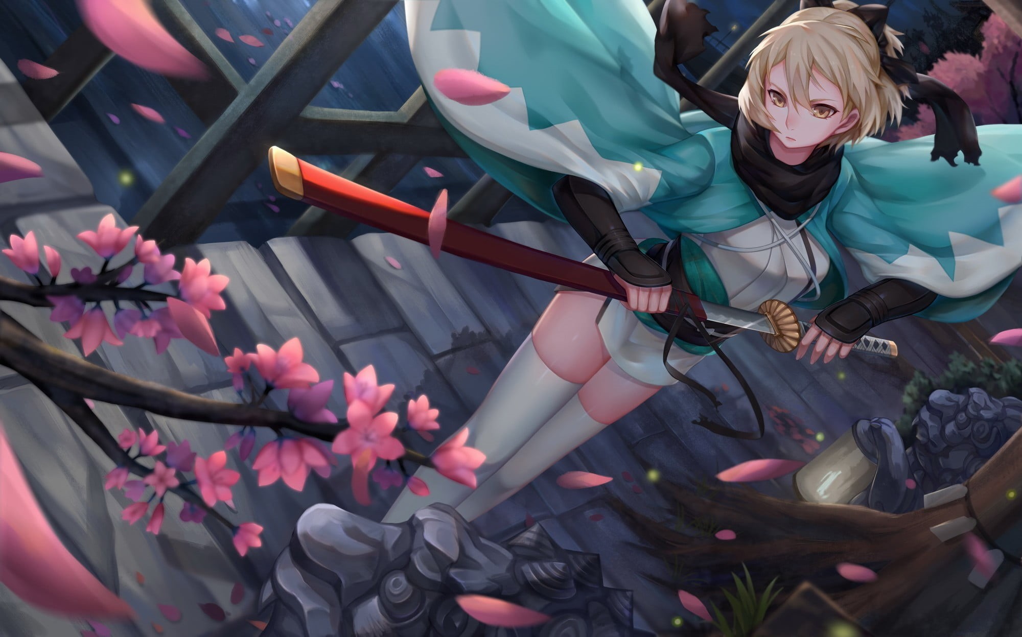 one person, thigh-highs, blonde, outdoors, smiling, nature, sword, full length, Japanese clothes, anime girls, Sakura Saber, lifestyles, petals, day, plant, HD Wallpaper
