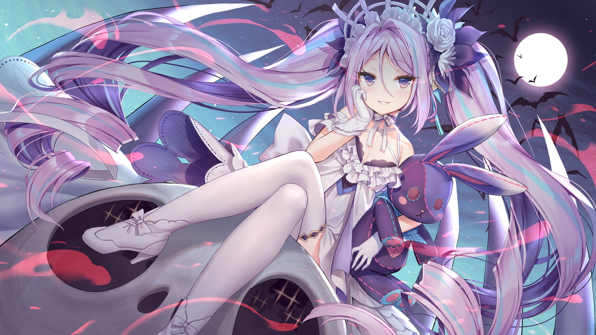 high heels, twintails, hair ornament, purple eyes, stockings, original characters, anime girls, long hair, purple hair, looking at viewer, Moon, bats, smiling, HD Wallpaper