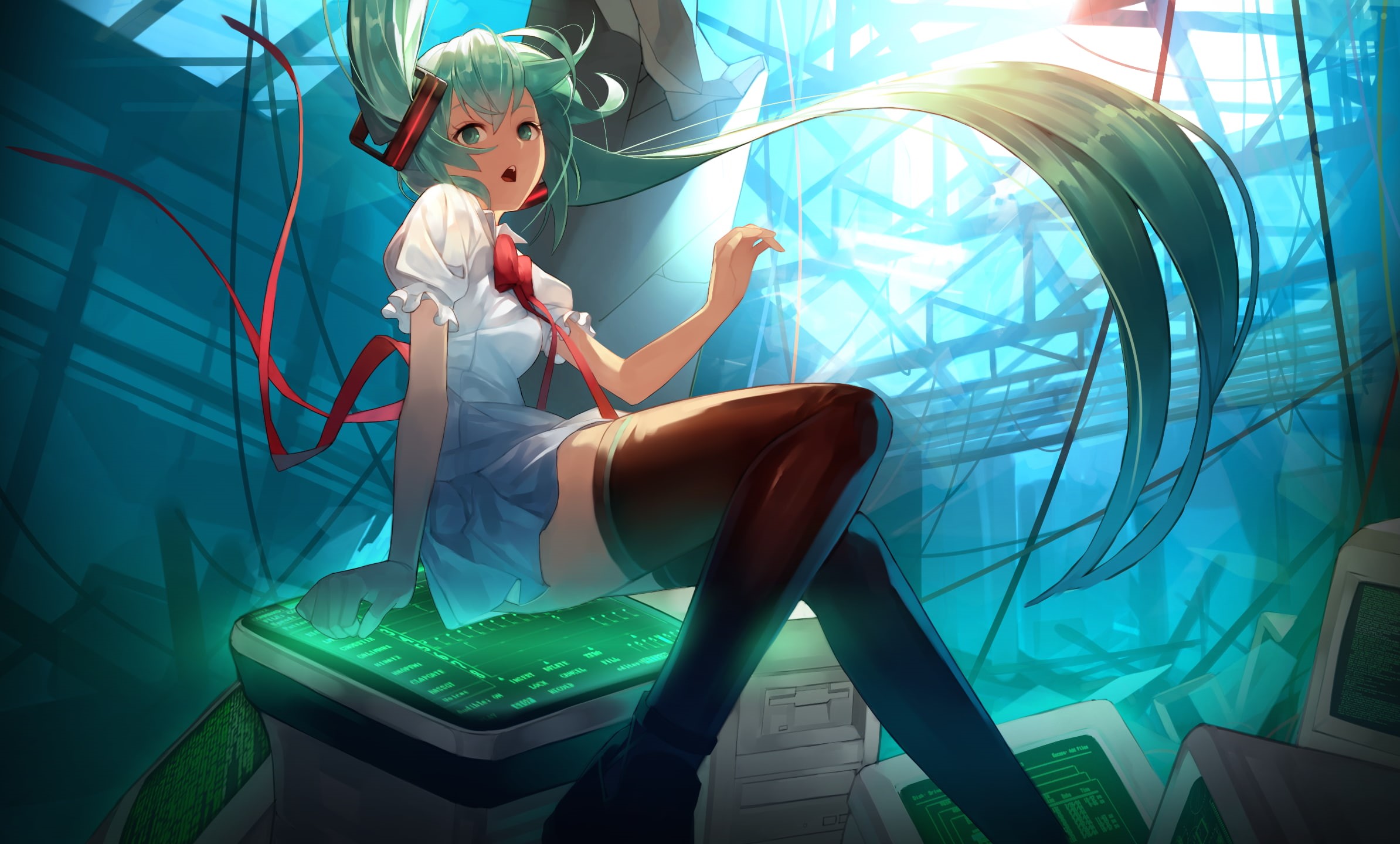 indoors, full length, costume, long hair, childhood, child, Hatsune Miku, fashion, turquoise colored, illuminated, anime girls, one person, innocence, hair ornament, HD Wallpaper