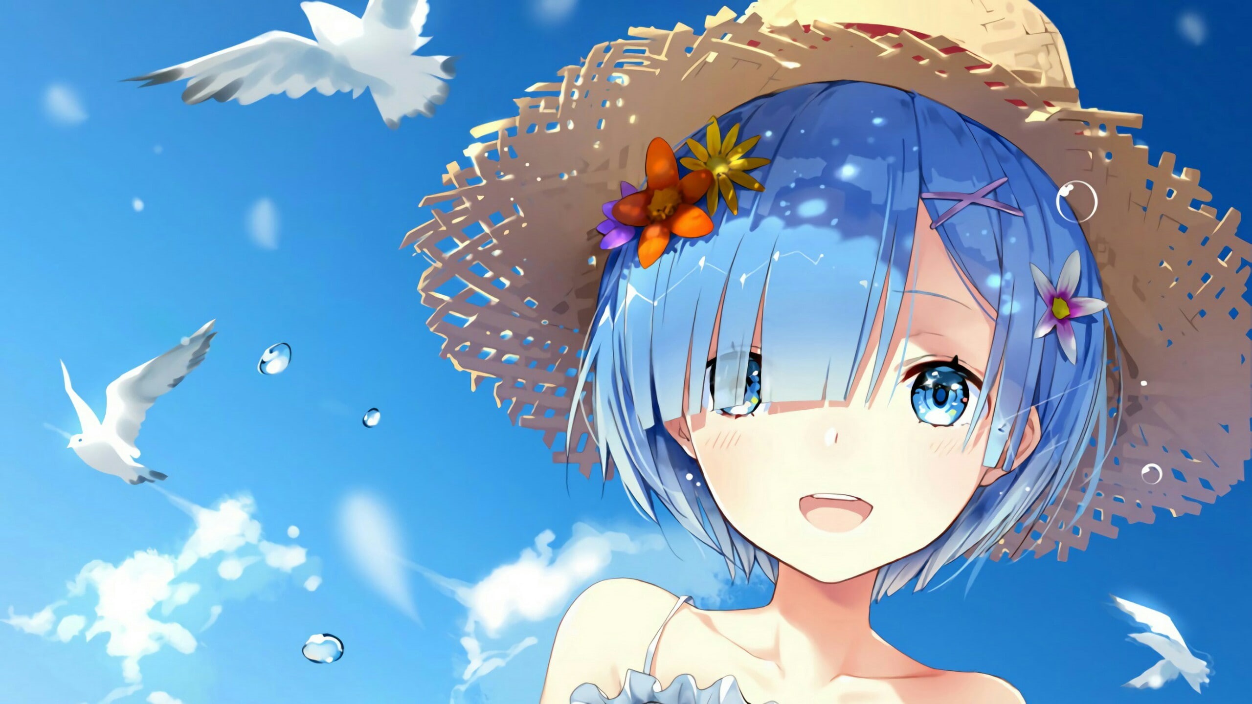 anime girls, sky, straw hat, short hair, Rem (Re: Zero), smiling, hair ornament, 2K, blue hair, blue eyes, anime, Re:Zero Kara Hajimeru Isekai Seikatsu, HD Wallpaper