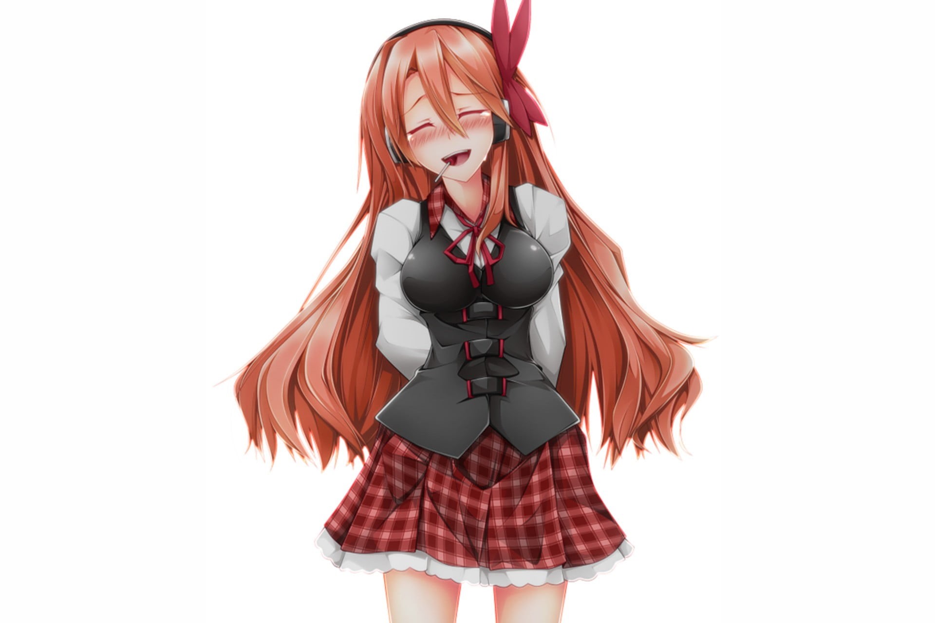 studio shot, anime girls, girls, indoors, long hair, women, young women, redhead, teenager, beauty, hairstyle, white background, Chelsea, smiling, red, HD Wallpaper