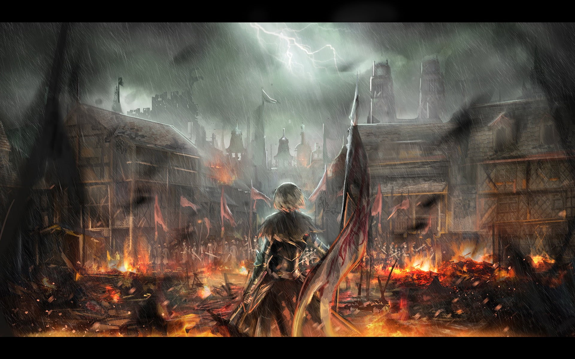 auto post production filter, Ruler (Fate/Grand Order), outdoors, accidents and disasters, transfer print, video, burning, built structure, game, 1080P, HD Wallpaper
