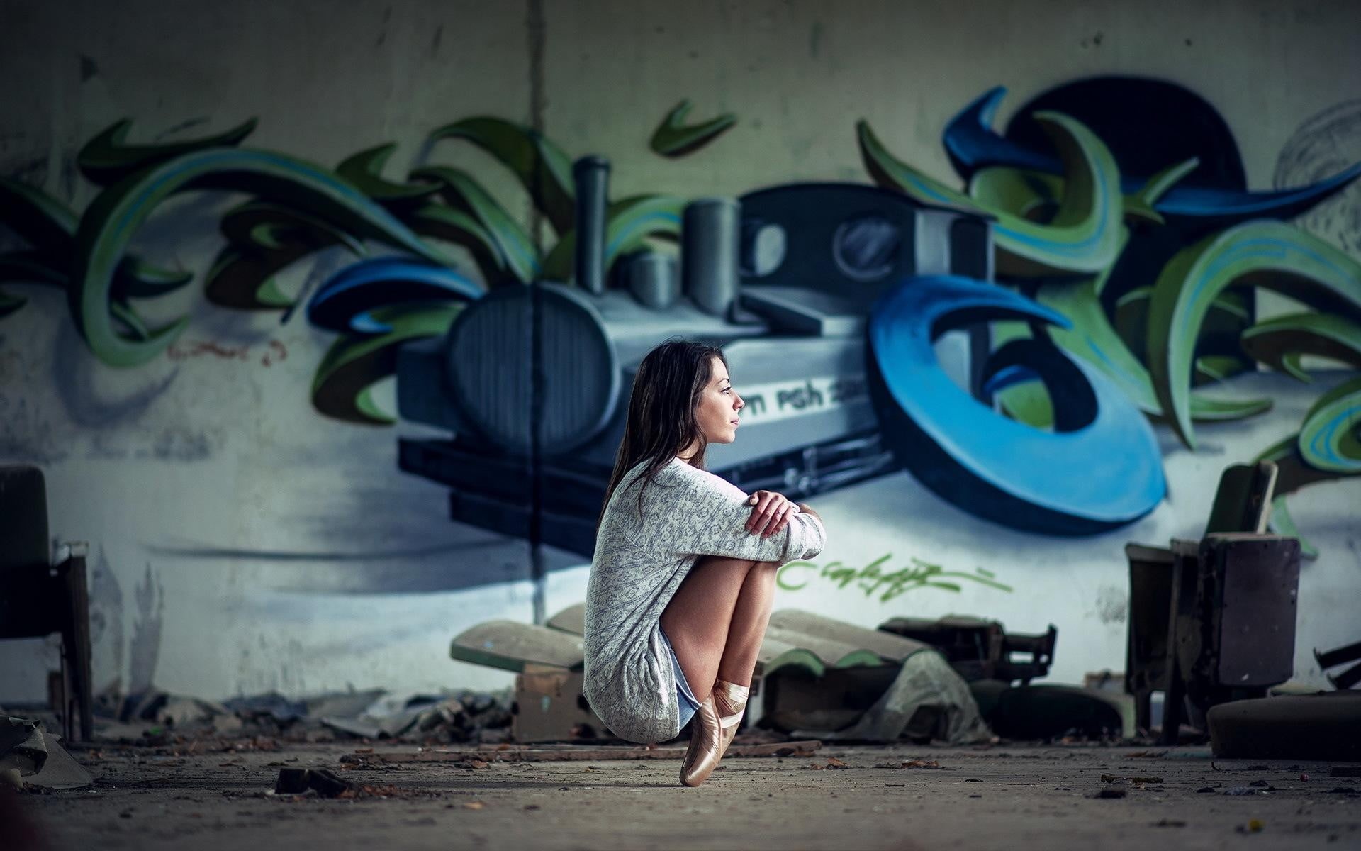 art and craft, teenager, shirt, sitting, hairstyle, full length, graffiti, looking, long, jean shorts, hair, creativity, 1080P, s, casual clothing, brunette, HD Wallpaper