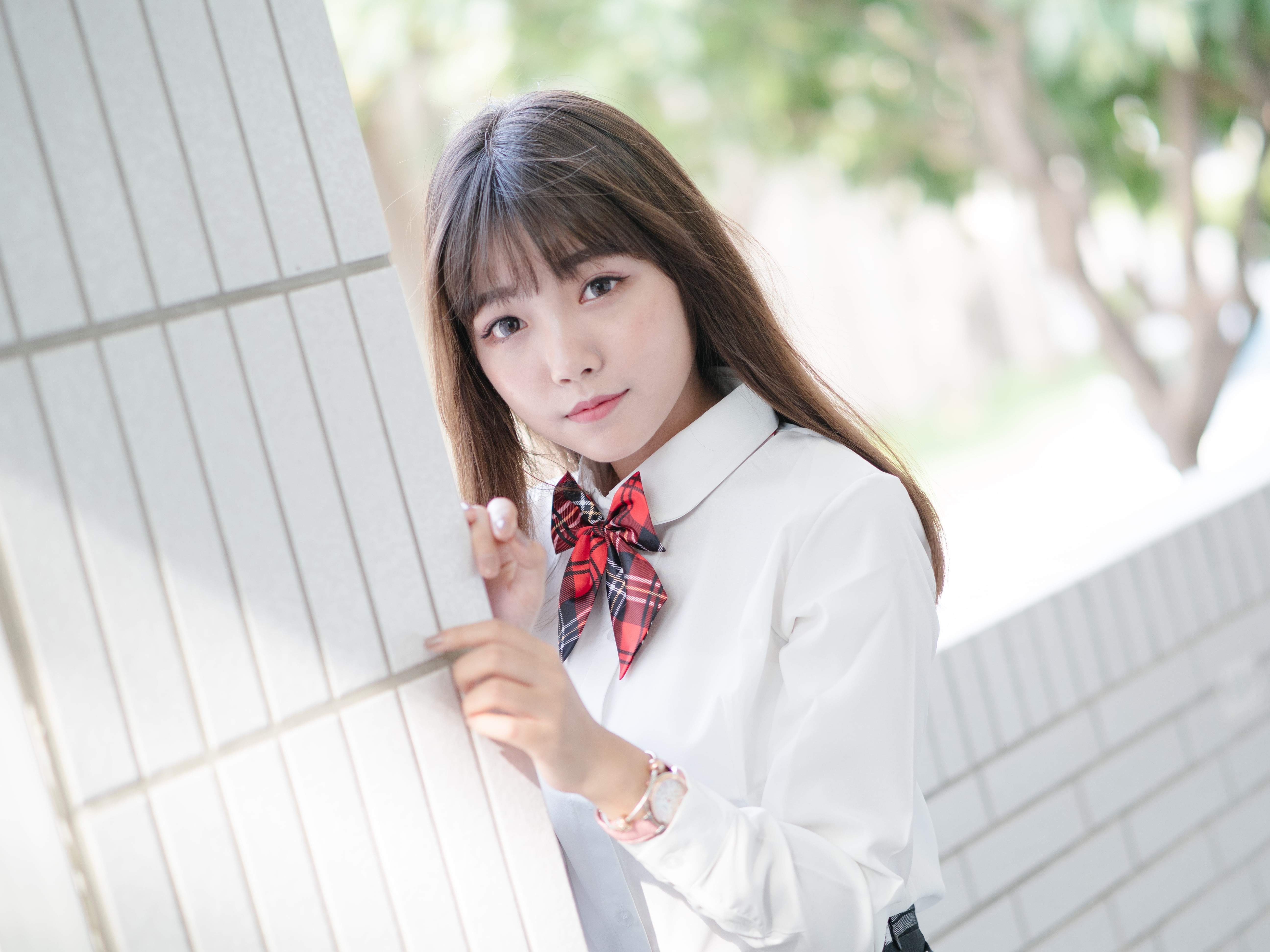 women, young adult, bangs, standing, looking at camera, girls, long eyelashes, school uniform, portrait, brunette, leisure activity, focus on foreground, HD Wallpaper