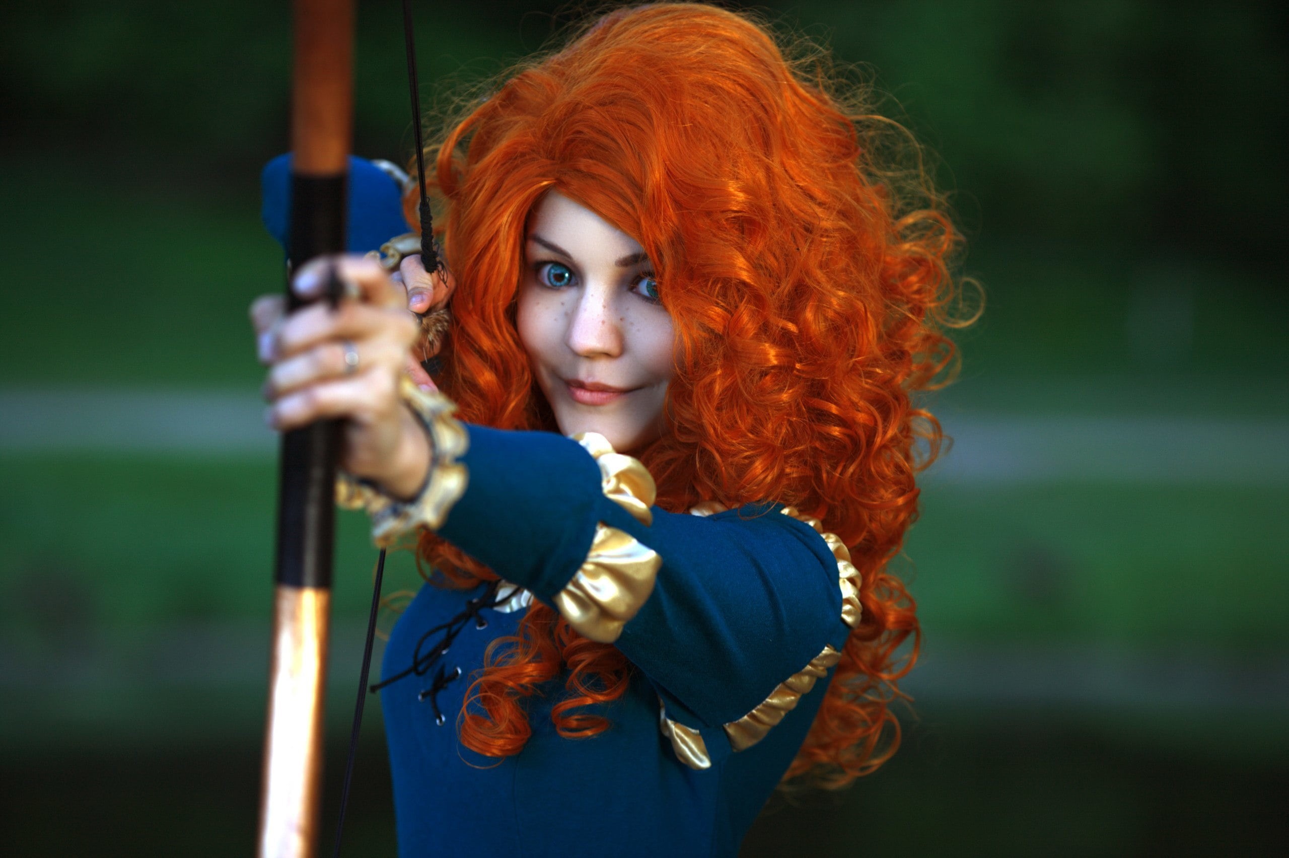 redhead, young women, one person, weapon, hairstyle, medium-length hair, portrait, adult, young adult, hair, 2K, bow, beautiful woman, cosplay, girl, looking at camera, HD Wallpaper