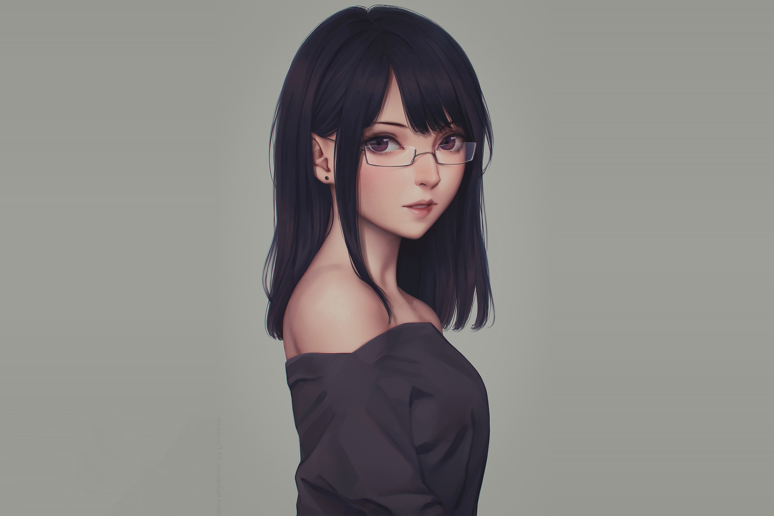casual clothing, studio shot, beautiful woman, digital art, 2K, anime girl, front view, hair, anime, eyeglasses, contemplation, glasses, standing, artwork, HD Wallpaper