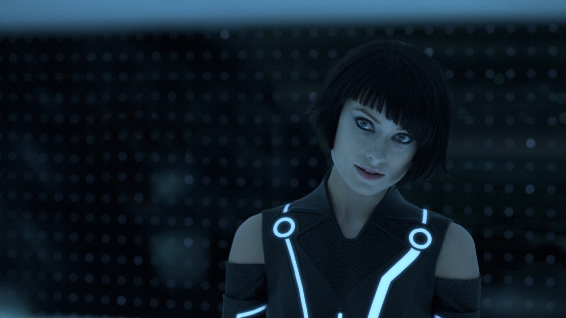 front view, tron legacy, medium-length hair, adult, bangs, uniform, one person, portrait, serious, body part, black hair, hair, hairstyle, indoors, 1080P, HD Wallpaper