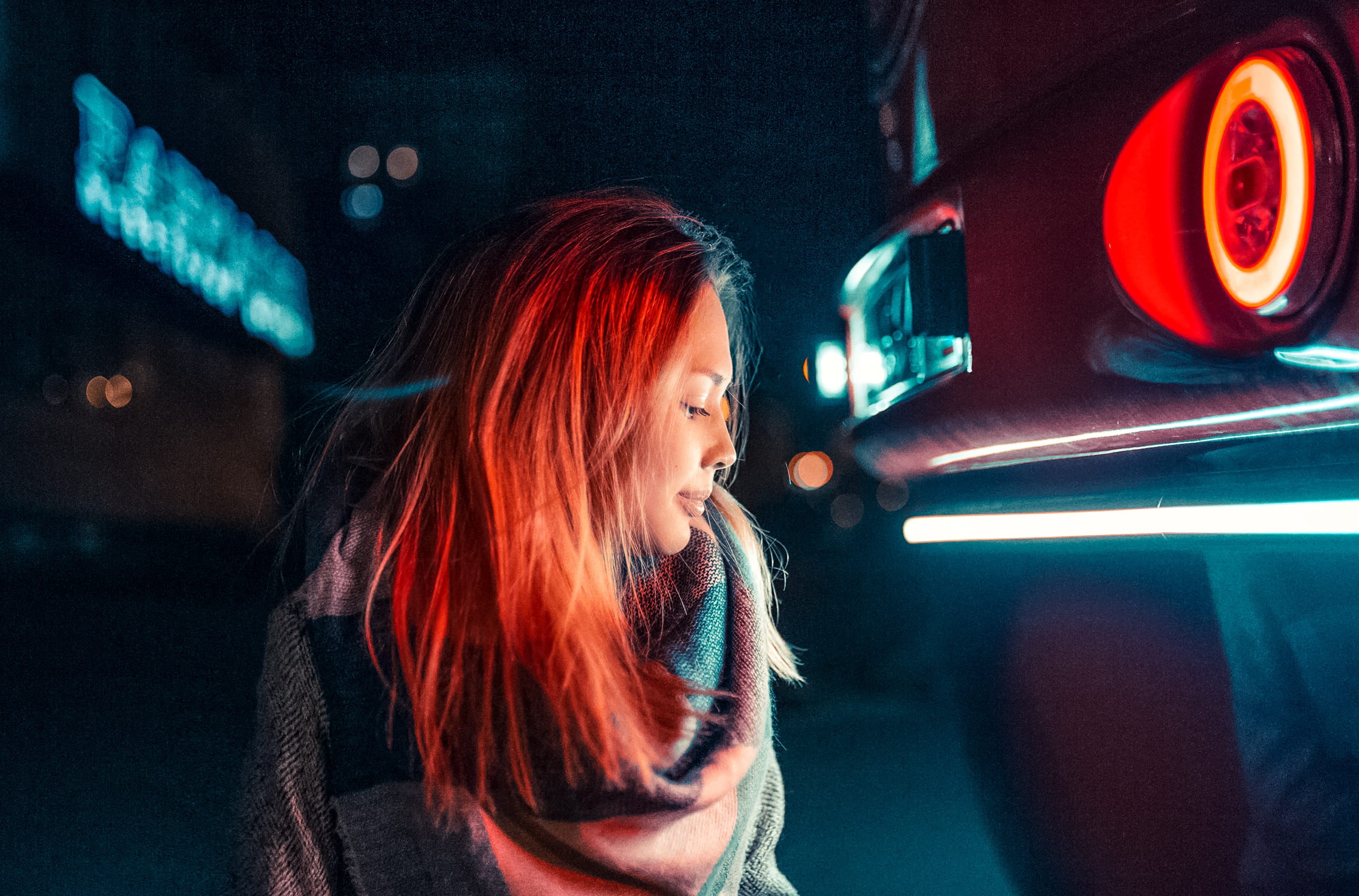 adult, scarf, redhead, profile, beautiful woman, building, illuminated, young adult, near, night, neon, concrete, standing, car light, women, nightlife, HD Wallpaper