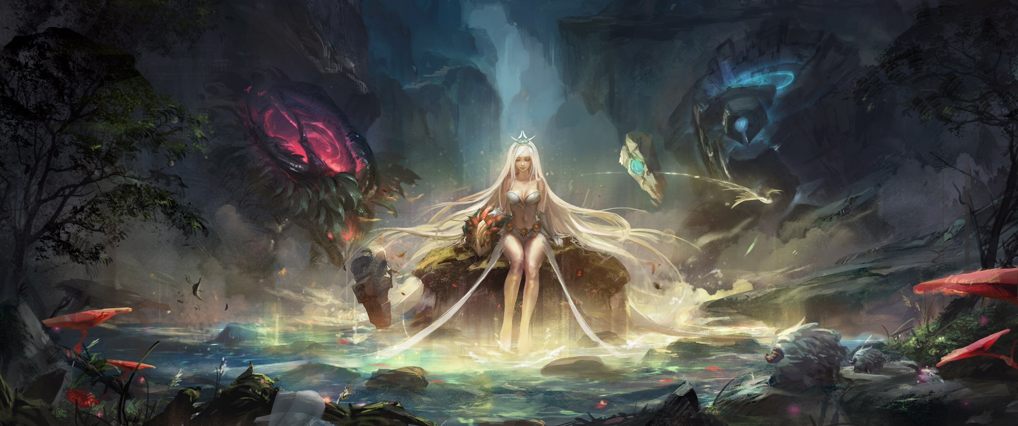 multi colored, outdoors, people, waterfall, rock - object, fantasy, creativity, League of Legends, nature, art and craft, Janna (League of Legends), flowing, HD Wallpaper