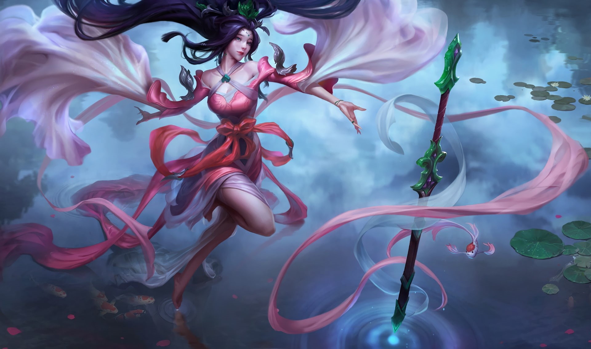 Dress, Artwork, Water, Fish, Staff, 1080P, Sacred Sword, League Of Legends, Art, Splash, Jeanne, Janna, LoL, HD Wallpaper