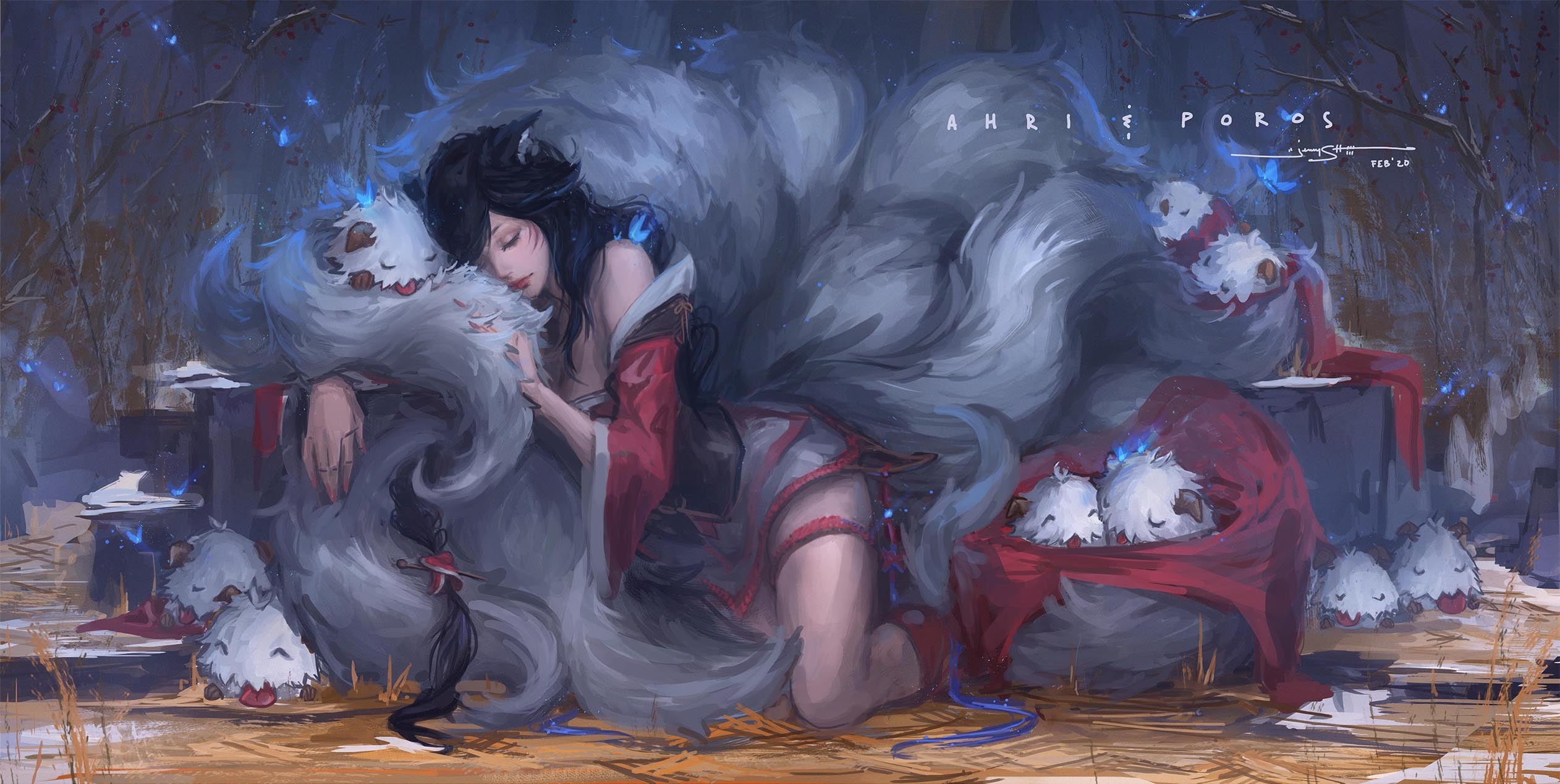 1080P, Fox ears, sleeping, Poro, League of Legends, Ahri (League of Legends), dark hair, Tails (character), HD Wallpaper