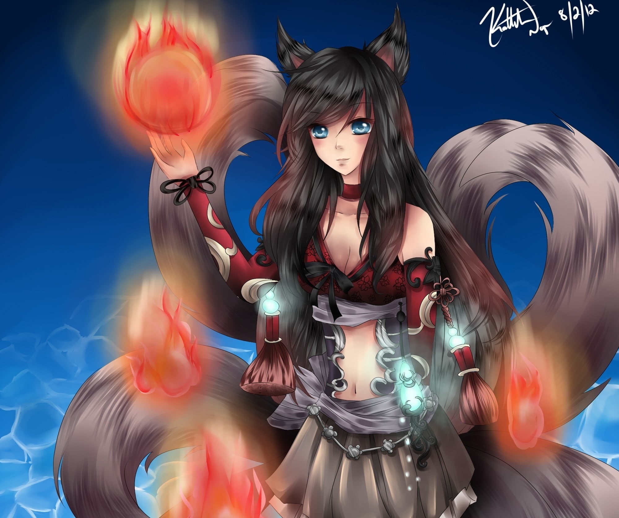 haired, blue, 1080P, one person, digital composite, motion, art and craft, anime, nature, Ahri, female likeness, creativity, representation, hairstyle, HD Wallpaper