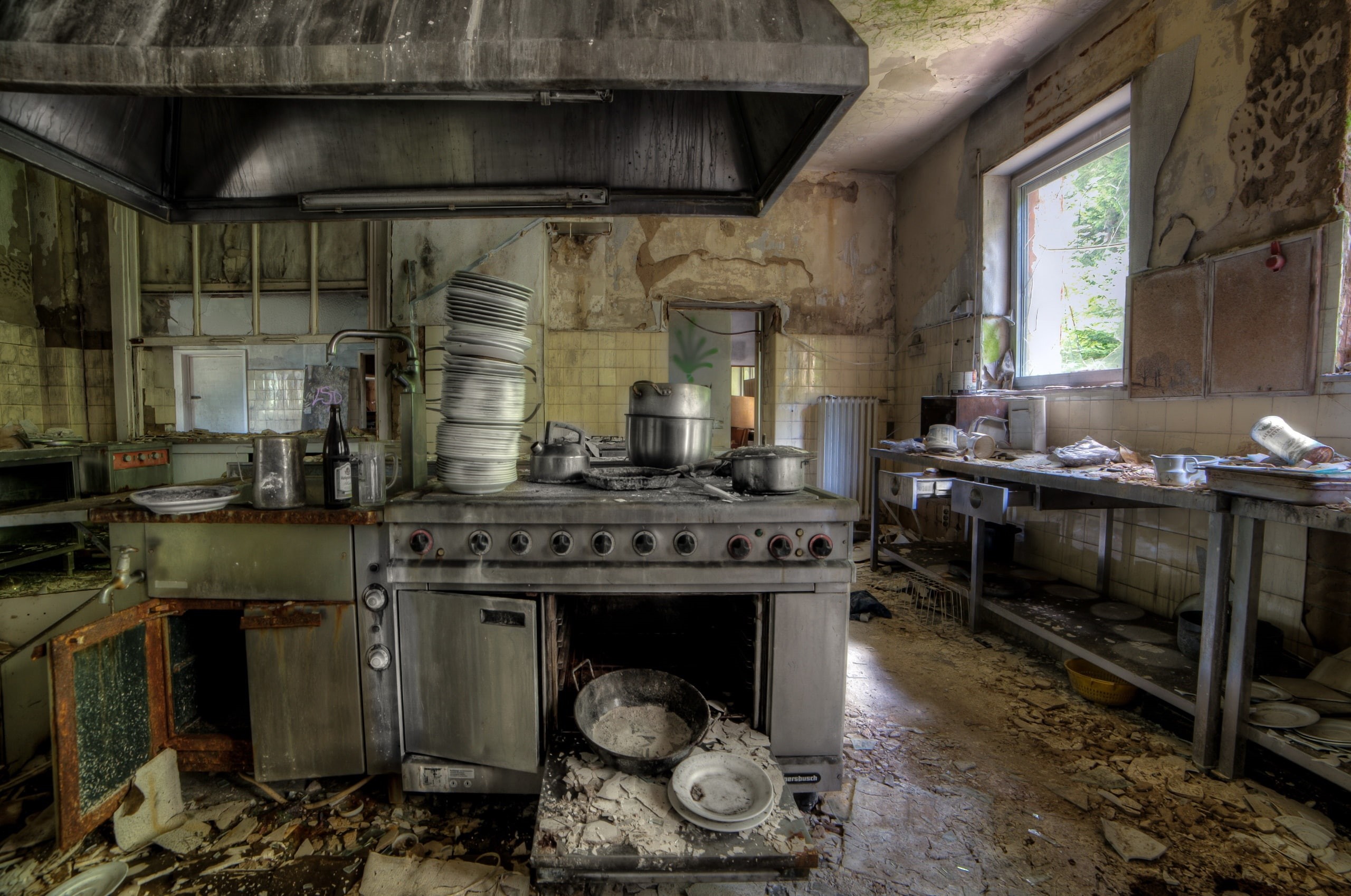household equipment, HDR, domestic kitchen, exhaust fan, appliance, indoors, obsolete, window, no people, run-down, deterioration, decline, cabinet, 2K, HD Wallpaper