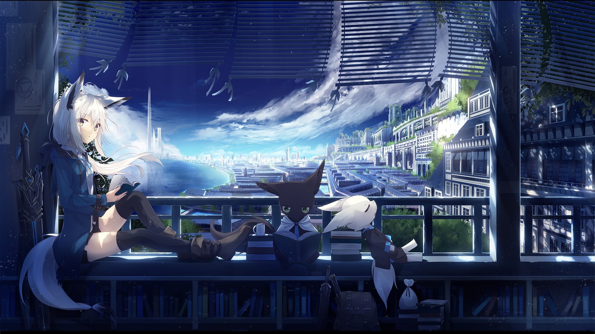 1080P, yellow eyes, anime, animal ears, tail, thigh-highs, anime girls, white hair, nekomimi, long hair, HD Wallpaper