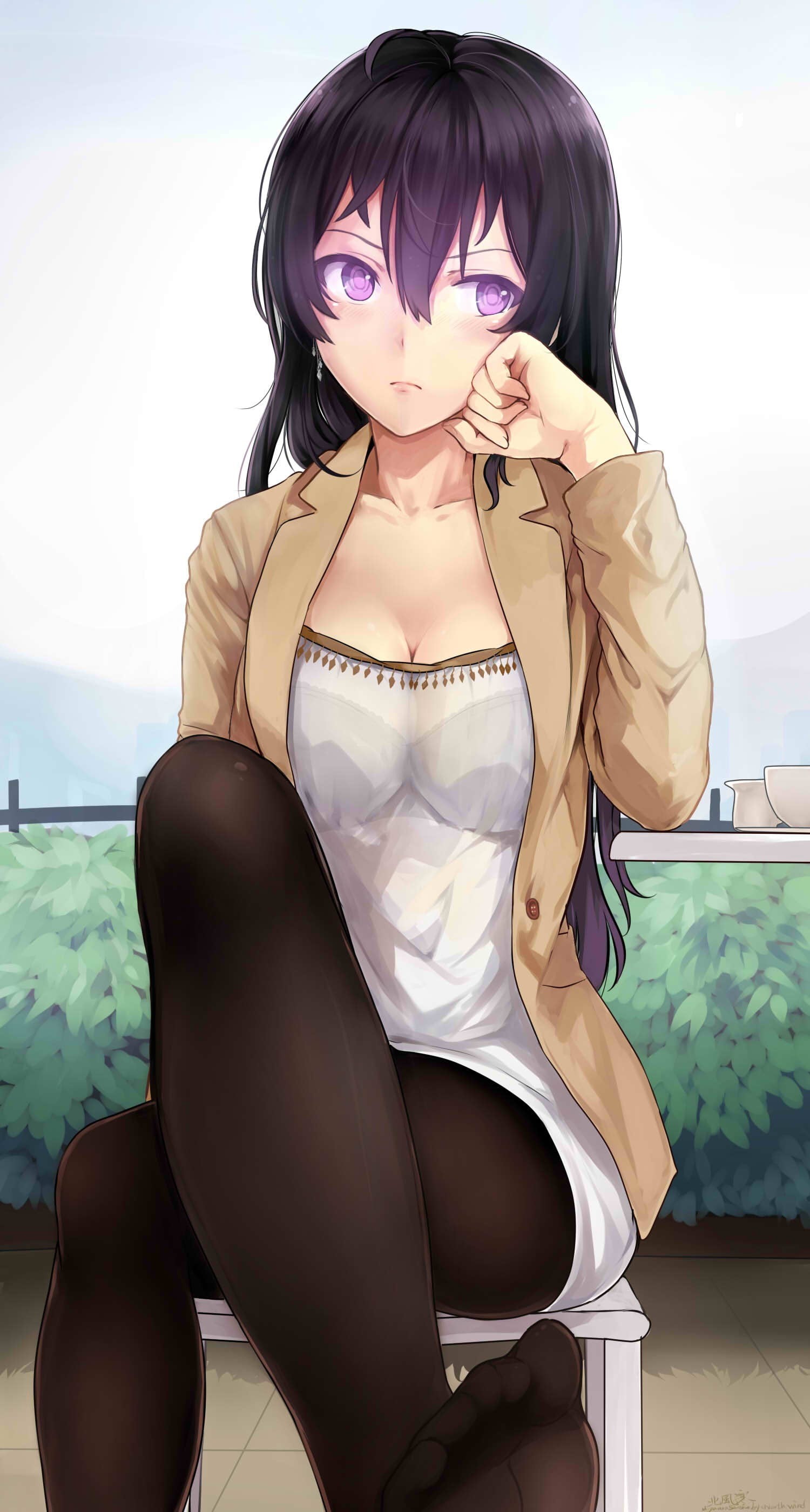 adult, open shirt, leisure activity, females, black hair, beauty, hairstyle, looking at camera, Miyaura Sanshio, sitting, three quarter length, lifestyles, Phone HD Wallpaper