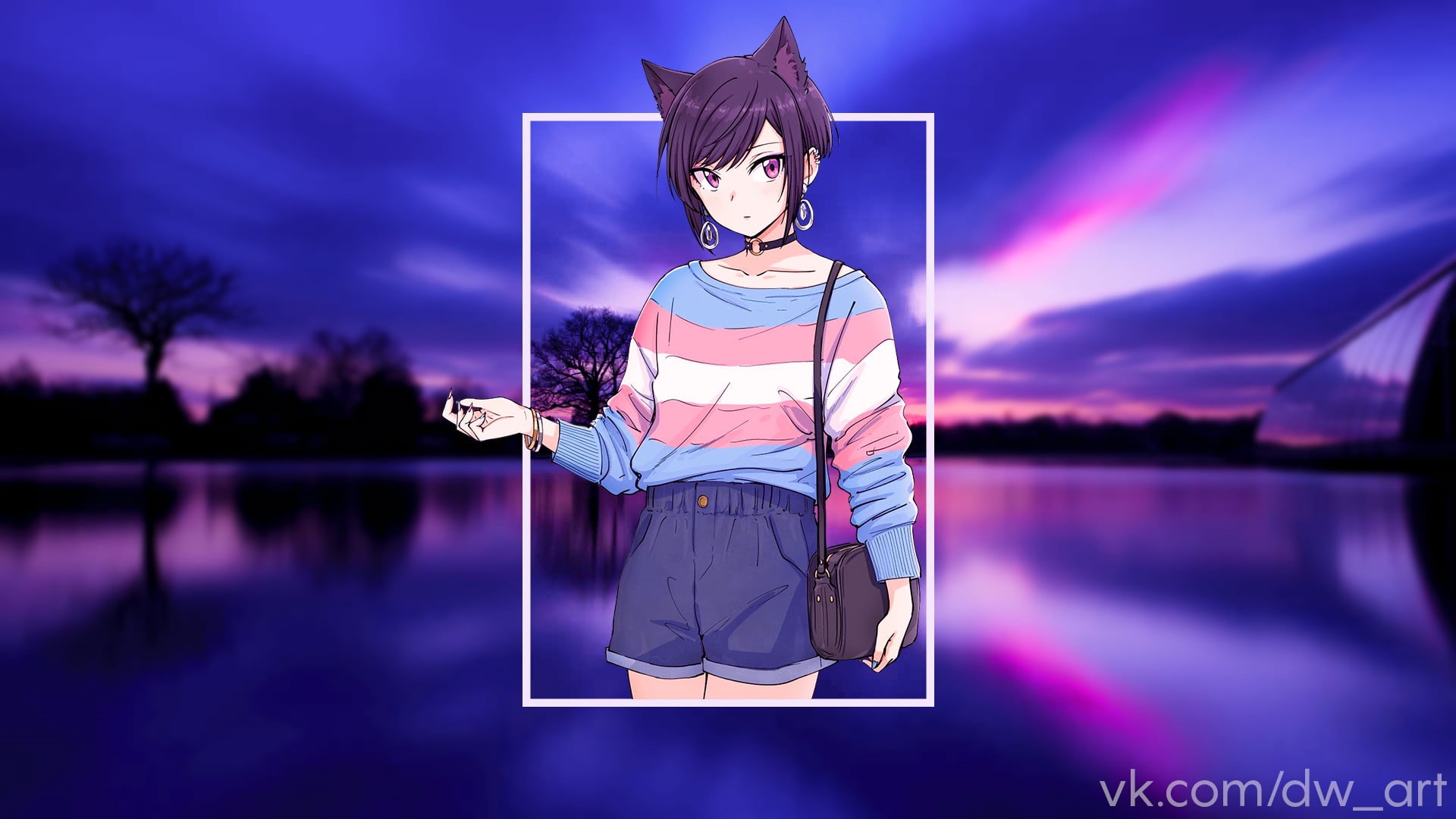 animal ears, purple eyes, transgender, picture-in-picture, 1080P, anime, HD Wallpaper
