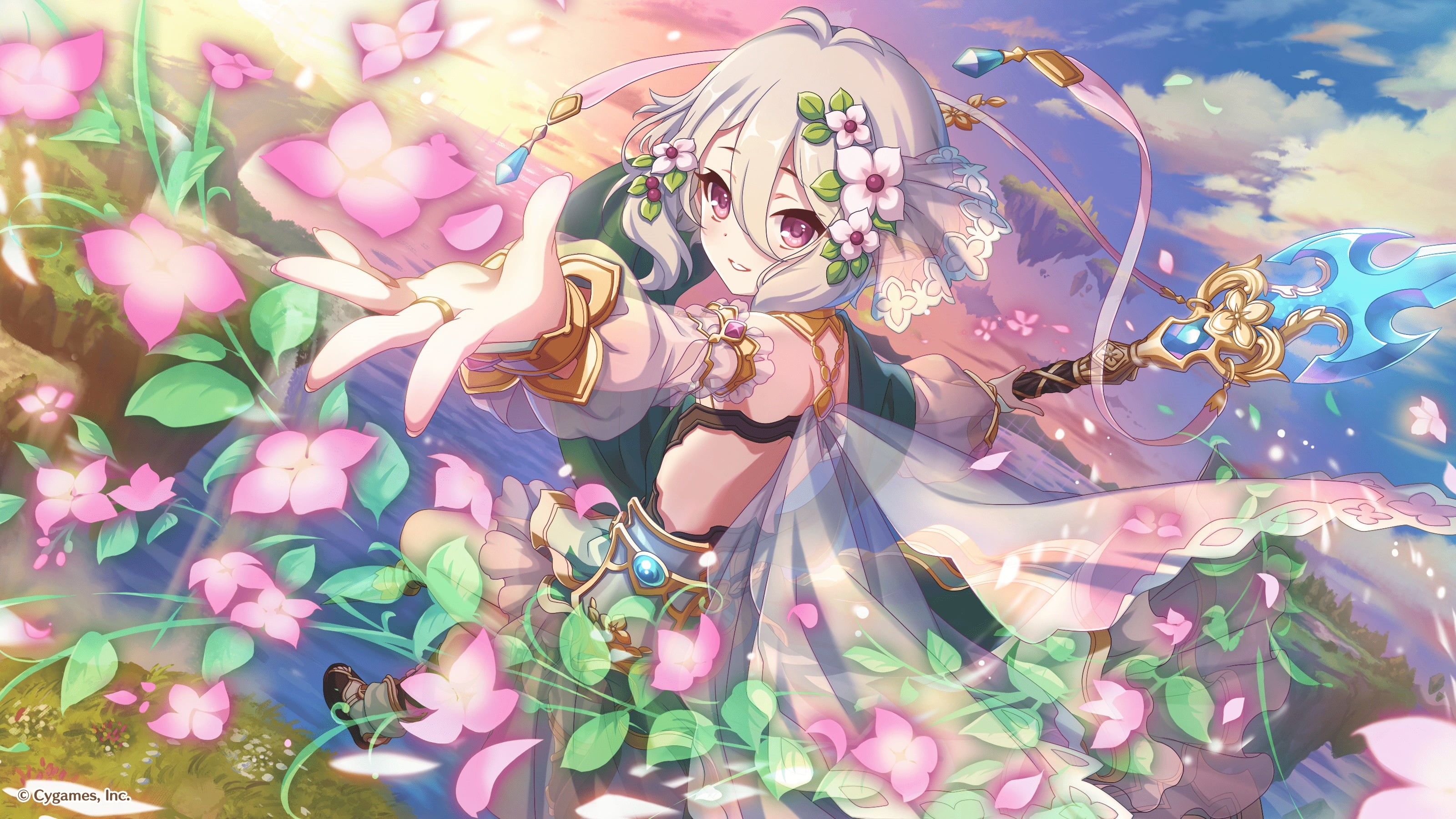 clouds, short hair, 2K, sky, blush, purple eyes, see-through dress, white hair, petals, flowers, Kokkoro (Princess Connect), HD Wallpaper