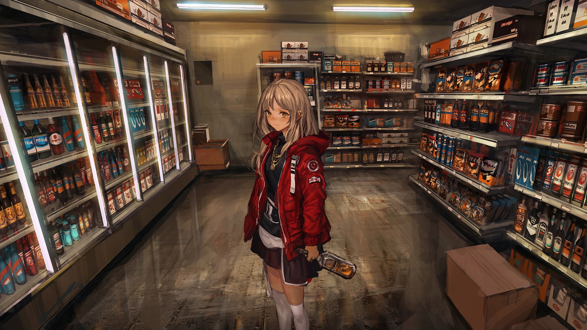 anime girls, alcohol, food, 1080P, zettai ryouiki, stores, HD Wallpaper