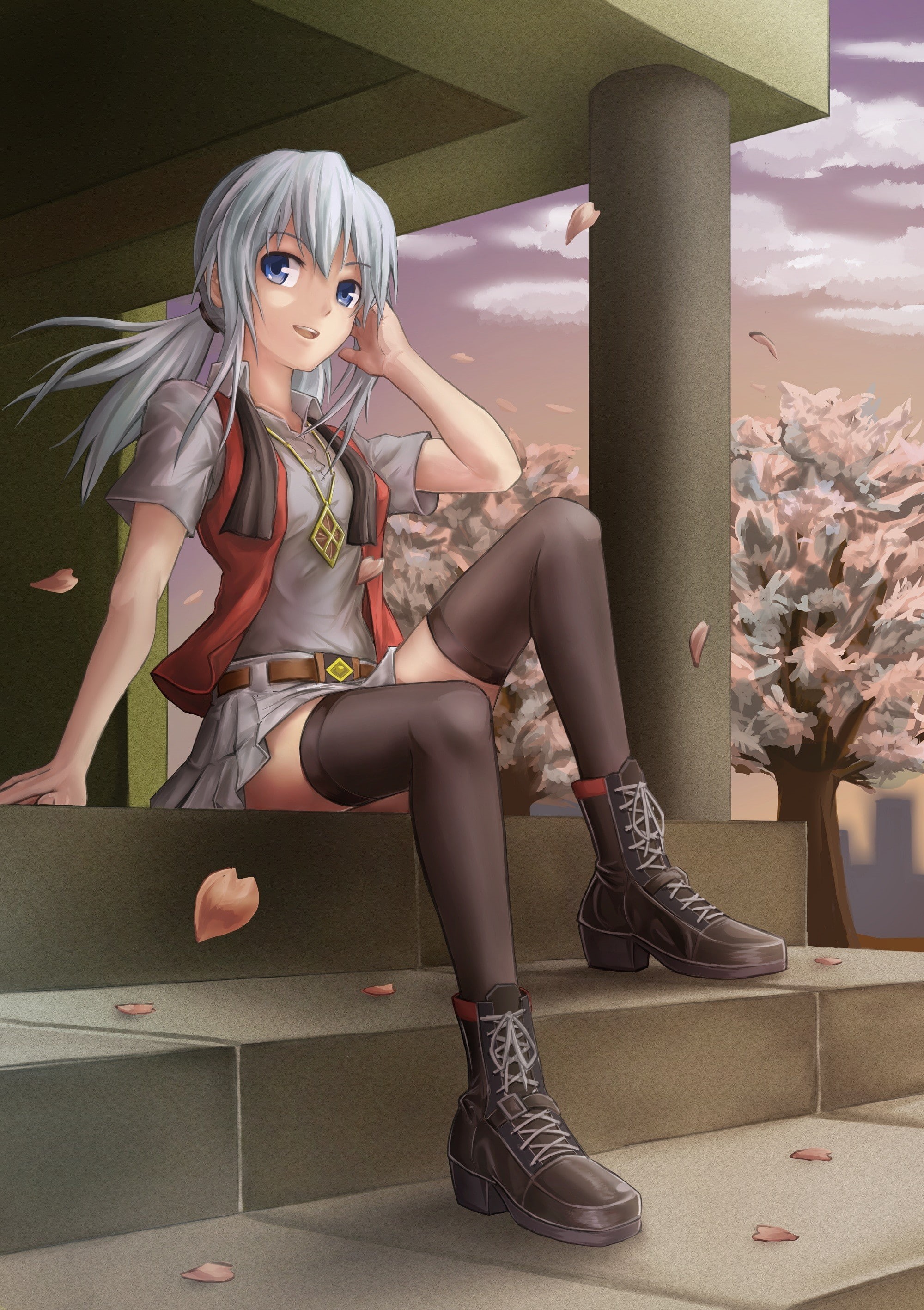 white hair, zettai ryouiki, thigh-highs, anime girls, anime, original characters, 2K, Phone HD Wallpaper