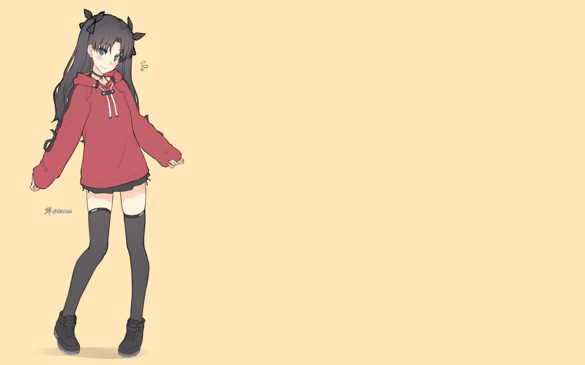 zettai ryouiki, hoods, sweatshirts, simple background, anime, Tohsaka Rin, yellow background, Fate Series, 1080P, anime girls, HD Wallpaper