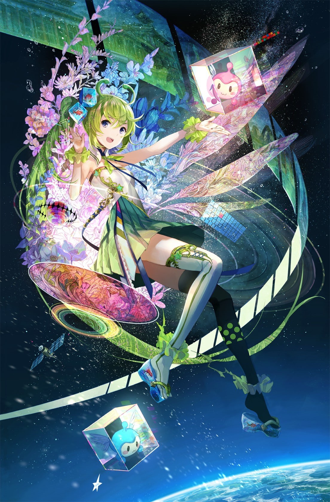 Bare Shoulders, creativity, water, Earth, indoors, nature, multi colored, one person, Green Hair, Skirt, art and craft, child, 720P, Zettai Ryouiki, cube, Phone HD Wallpaper