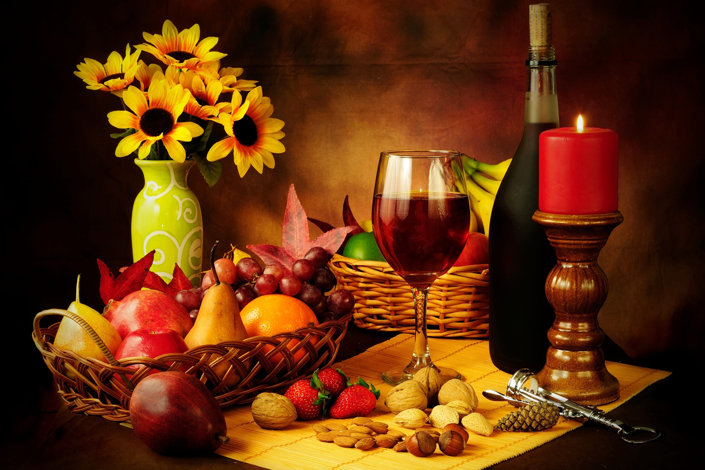 alcohol, orange - Fruit, food, apples, organic, orange Color, wine Bottle, drinking Glass, old-fashioned, nuts, bottle, yellow, household equipment, choice, HD Wallpaper