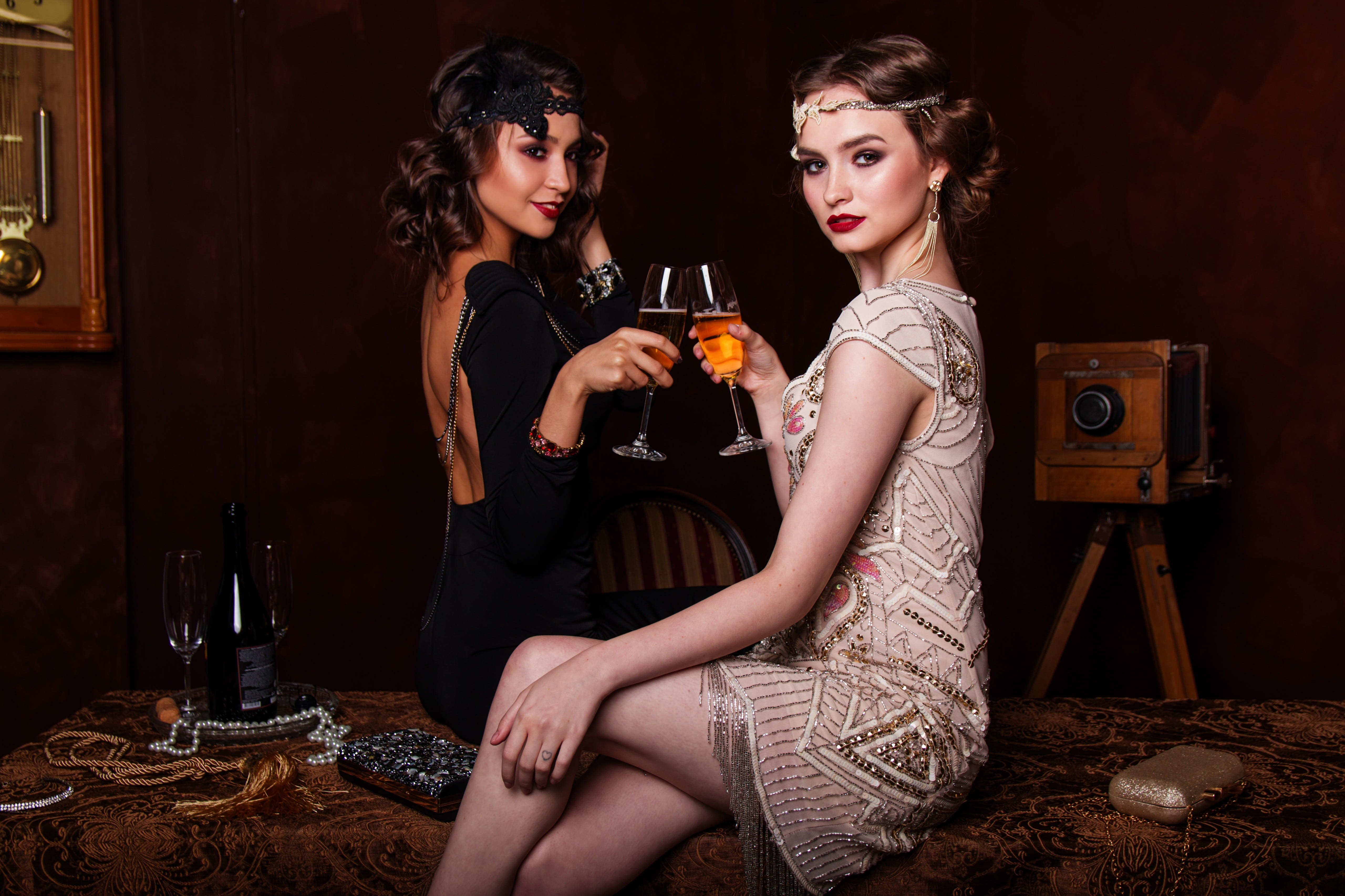 retro styled, flirting, brunet, indoors, makeup, happy hour, young, lady, stylish, drinking, alcohol, people, grown up, dress, camera, lovely, women, using, HD Wallpaper