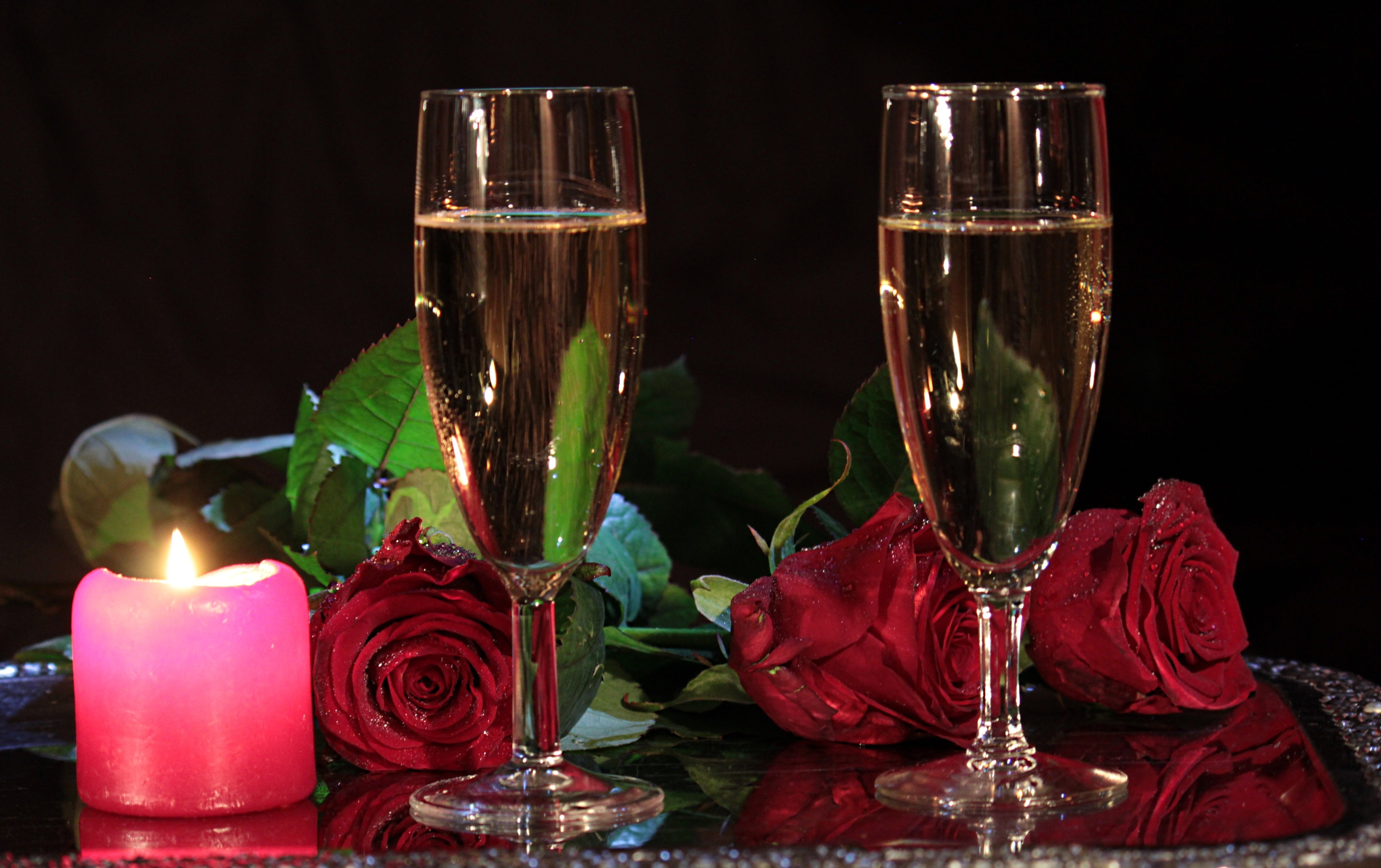 romance, black background, rose - flower, still life, clear, no people, indoors, alcohol, red, household equipment, celebration, decoration, flutes, roses, HD Wallpaper