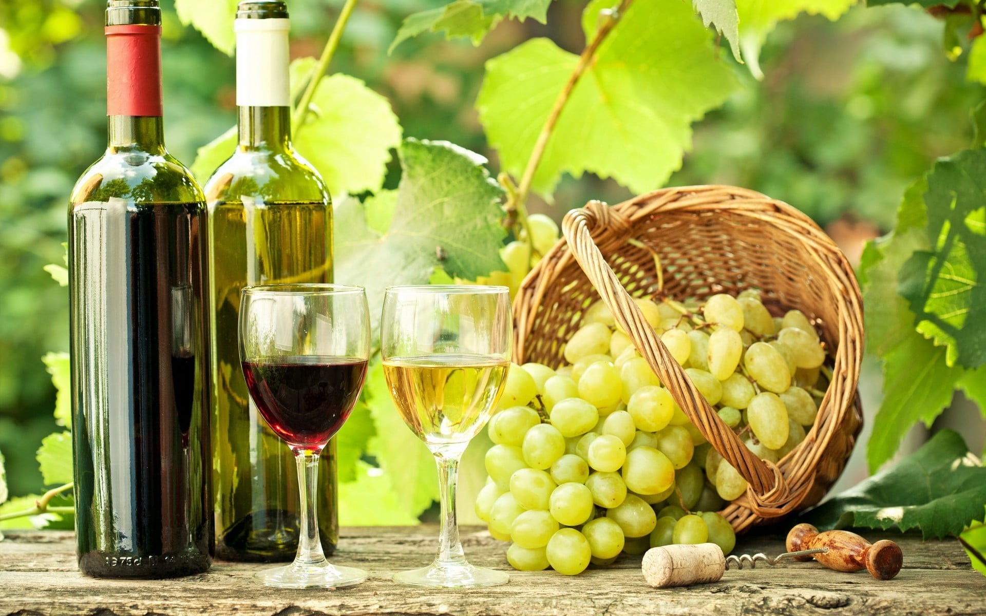 bottles, clear, freshness, green, household equipment, labeled, bottle, glass, basket, drink, plants, 1080P, leaves, healthy eating, wineglass, alcohol, HD Wallpaper