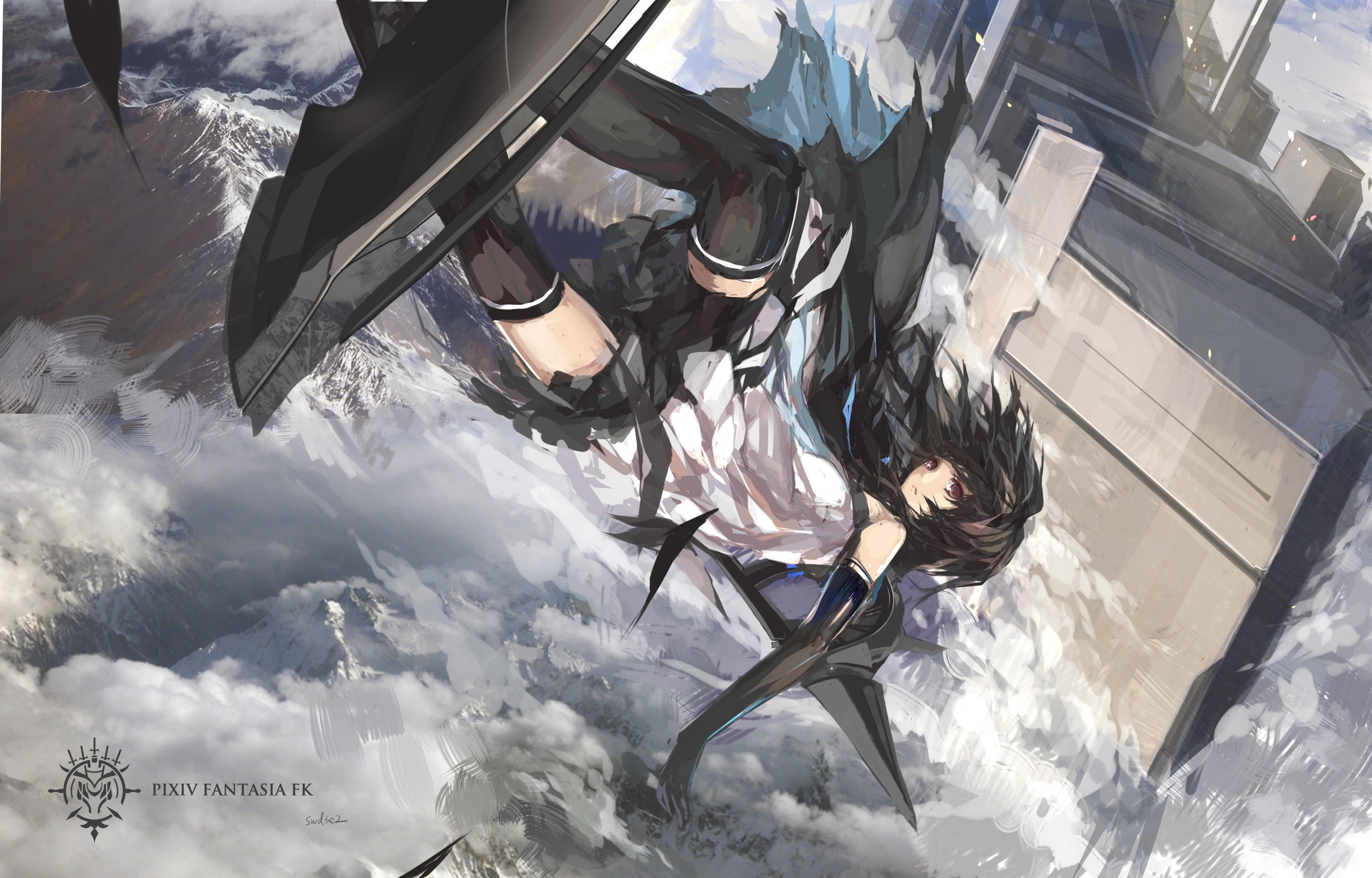 lifestyles, snow, anime girls, nature, thigh-highs, falling, female, 2K, leisure activity, reflection, real people, mountains, skirt, black, HD Wallpaper