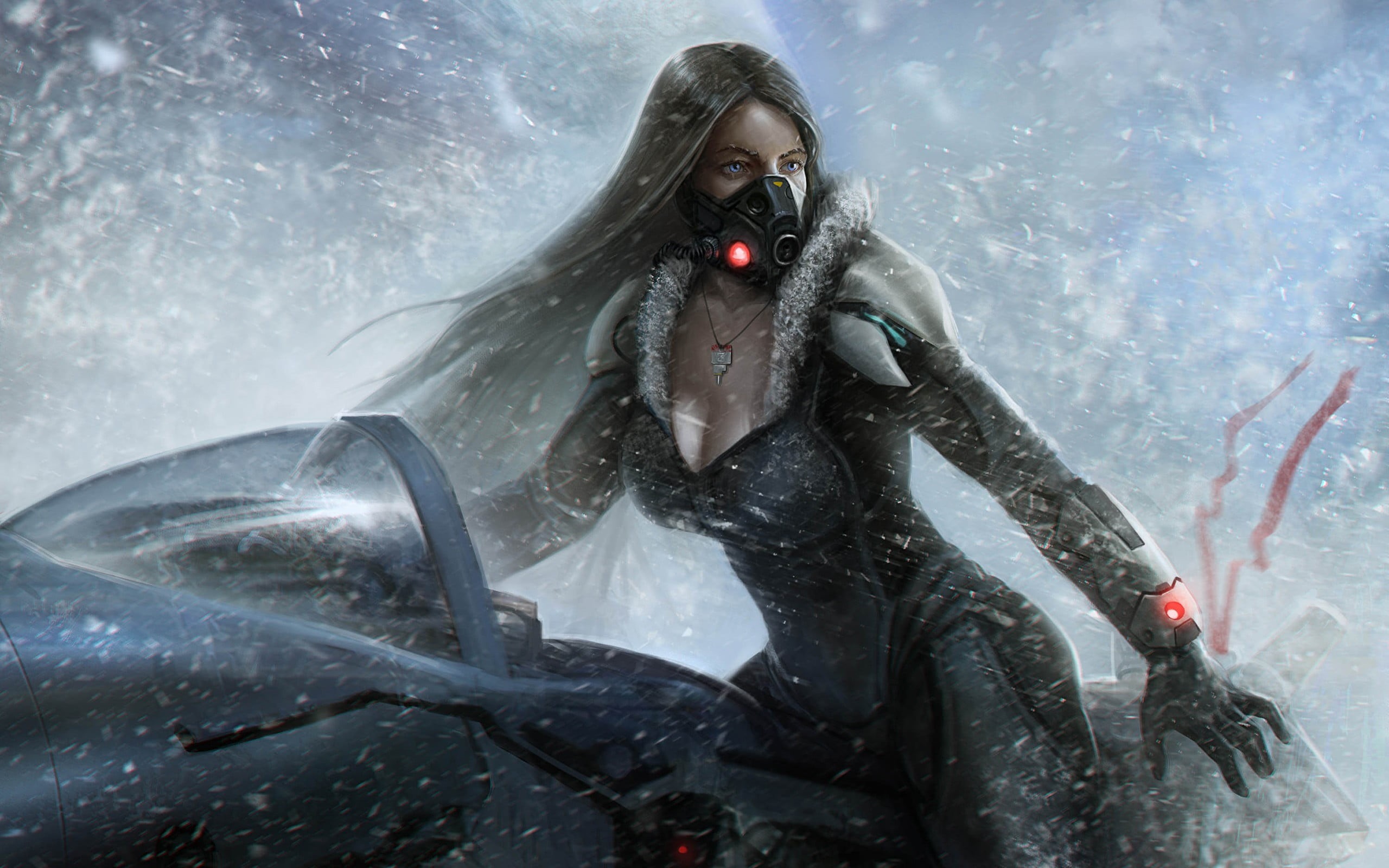 vehicle, futuristic, day, haired, illustration, 2K, transportation, females, snowing, front view, three quarter length, outdoors, young women, adult, fantasy art, HD Wallpaper