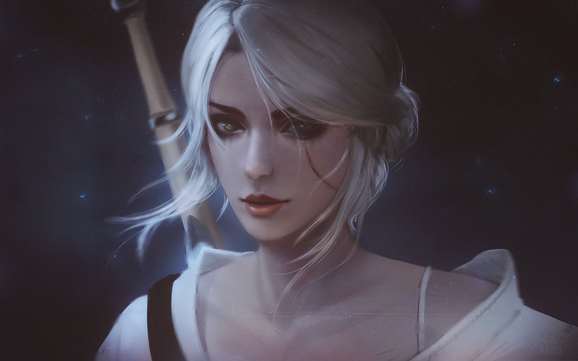 anime, females, haired, indoors, black background, 1080P, Cirilla Fiona Elen Riannon, beautiful woman, beauty, female, studio shot, contemplation, adult, HD Wallpaper