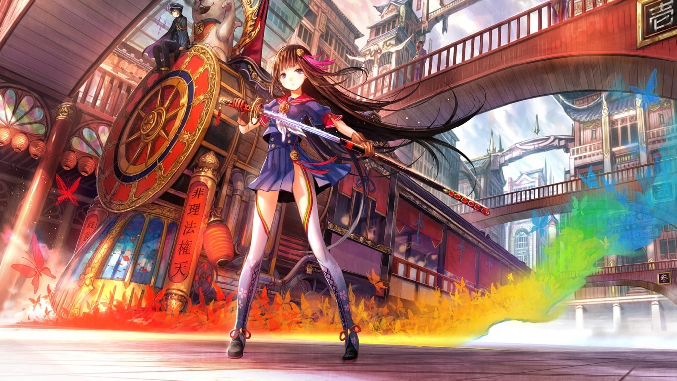 720P, anime girls, train, skirt, gloves, bridge, oriental, anime, colorful, butterfly, artwork, Fuji Choko, sword, long hair, Asian architecture, black hair, HD Wallpaper