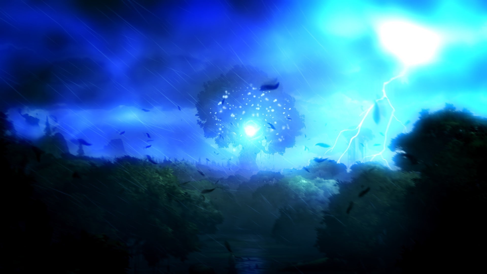 lightning, blue, arts culture and entertainment, event, tree, 1080P, no people, beauty in nature, low angle view, light, outdoors, nightlife, light - natural phenomenon, HD Wallpaper