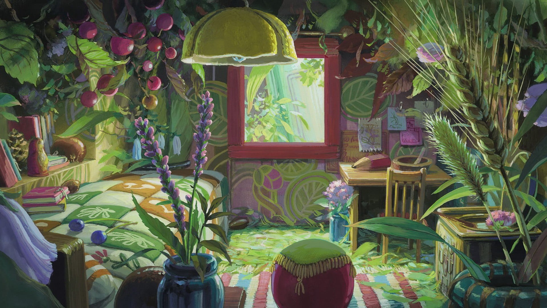 indoors, flowers, Karigurashi no Arrietty, building, seat, potted plant, growth, plant part, window, interior, beauty in nature, anime, leaf, nature, green color, HD Wallpaper