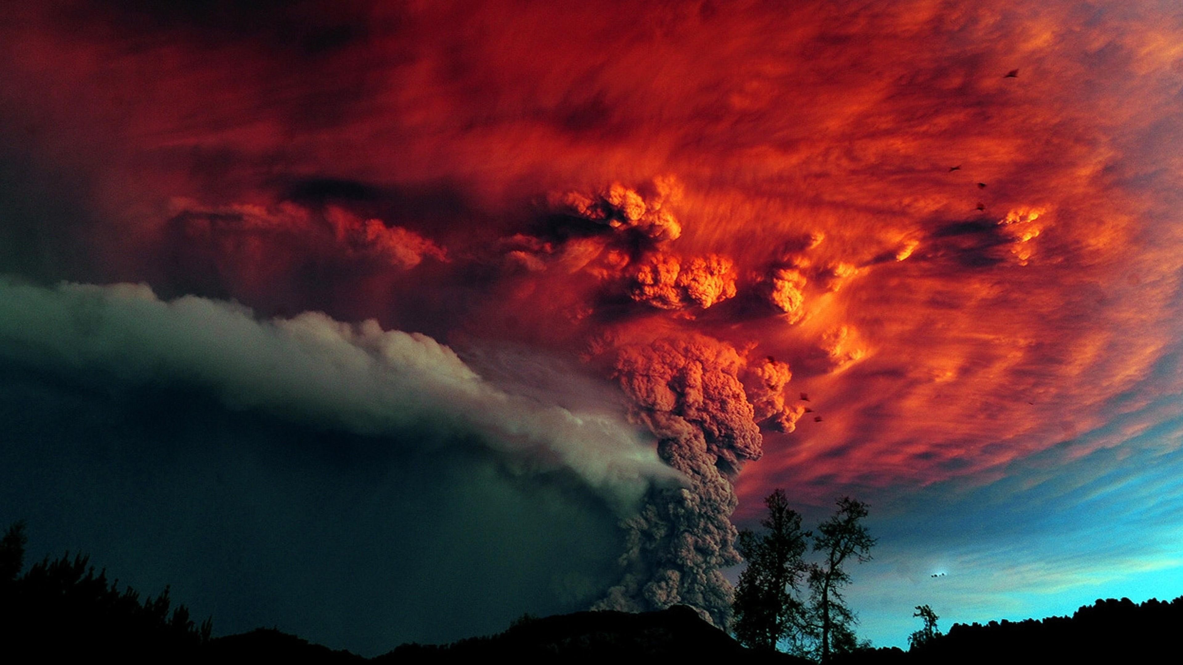 puyehue national park, volcanic eruption, 4K, eruption, red, blue, colors, volcan, cloud, nature, volcanic complex, sky, meteorological phenomenon, volcano, HD Wallpaper