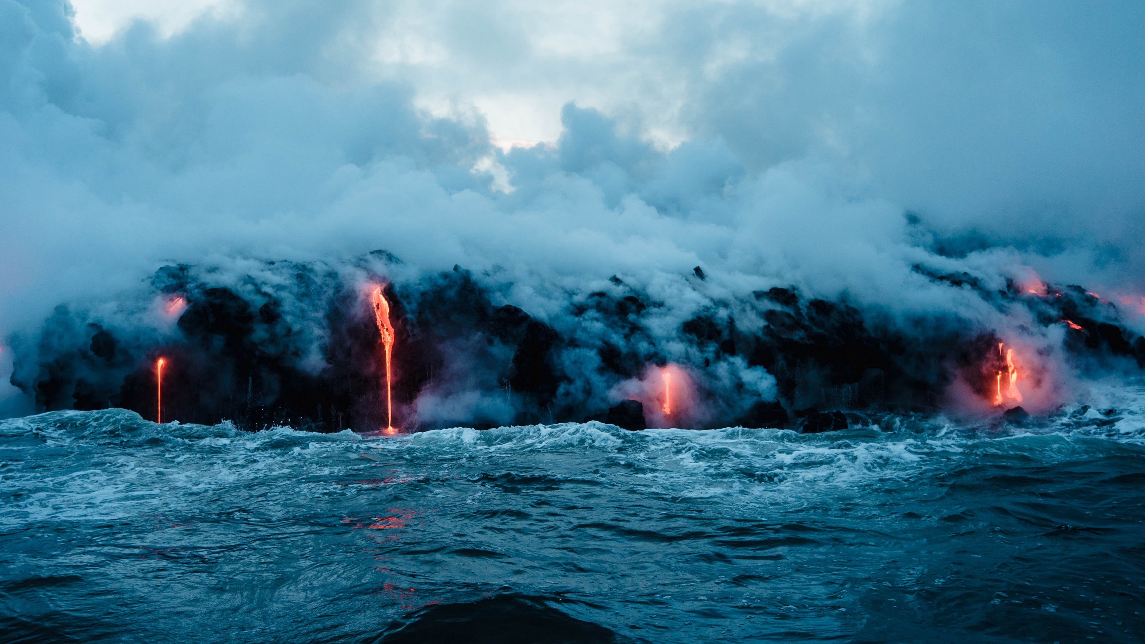 smoke, accidents and disasters, cloud - sky, erupting, nature, volcano, sea, power, volcanic eruption, geological phenomenon, smoke - physical structure, HD Wallpaper