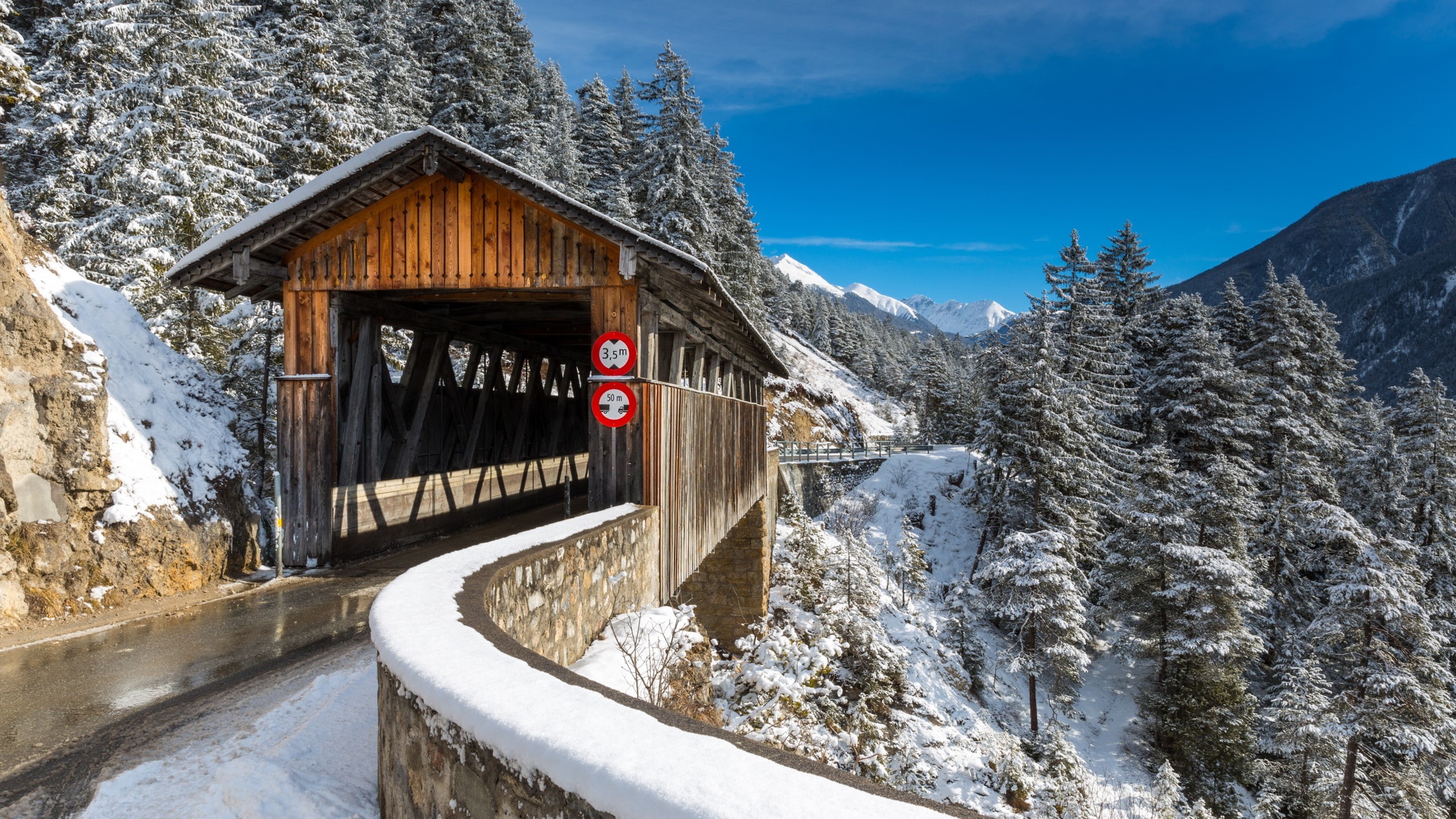 scenics - nature, bridge, text, landscape, snowcapped mountain, snow, Swiss Alps, day, nature, beauty in nature, cold temperature, 2K, building exterior, HD Wallpaper